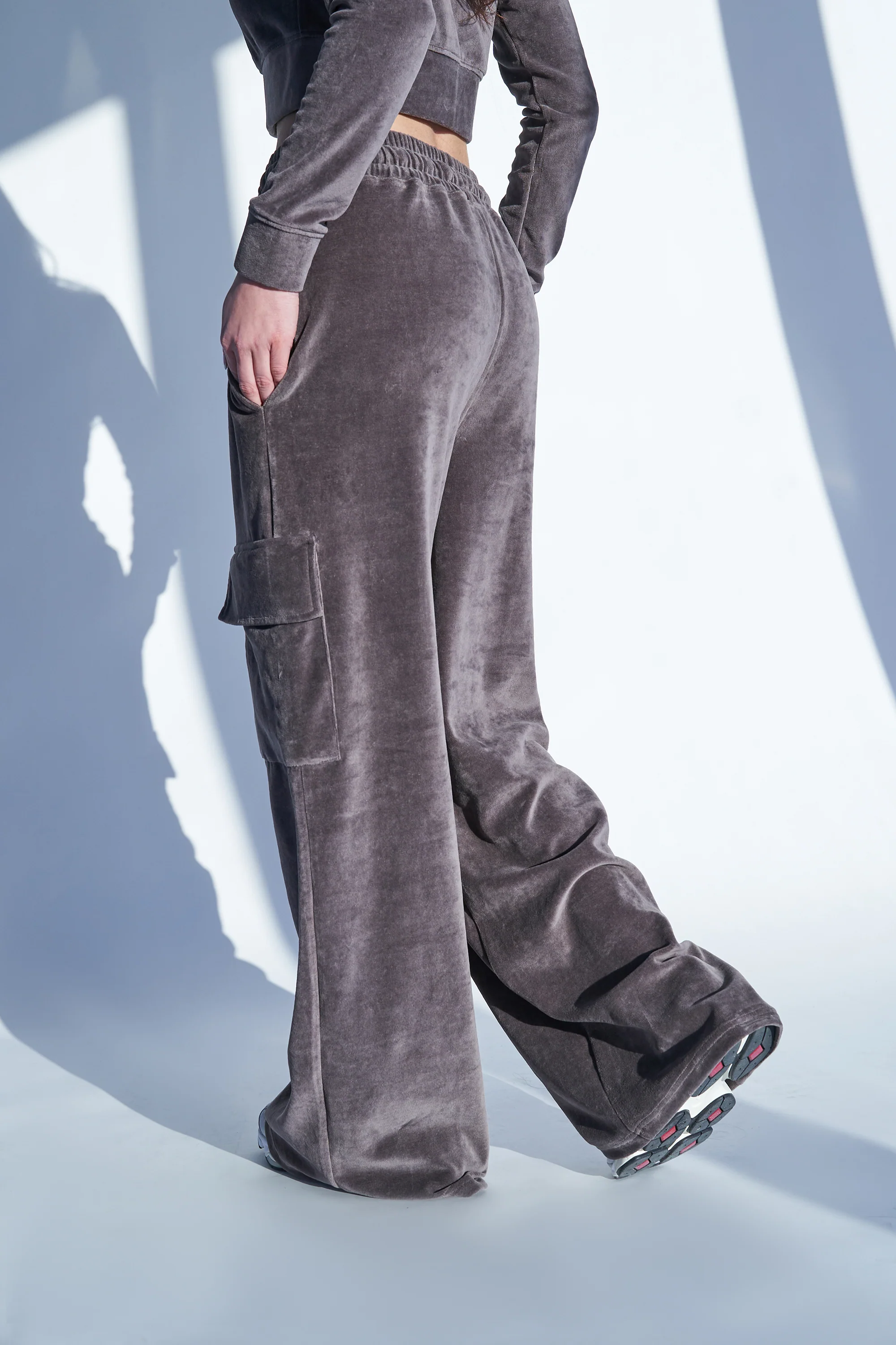 Kaiia Studio Velour Cargo Pocket Wide Leg Joggers Dark Grey - Image 3