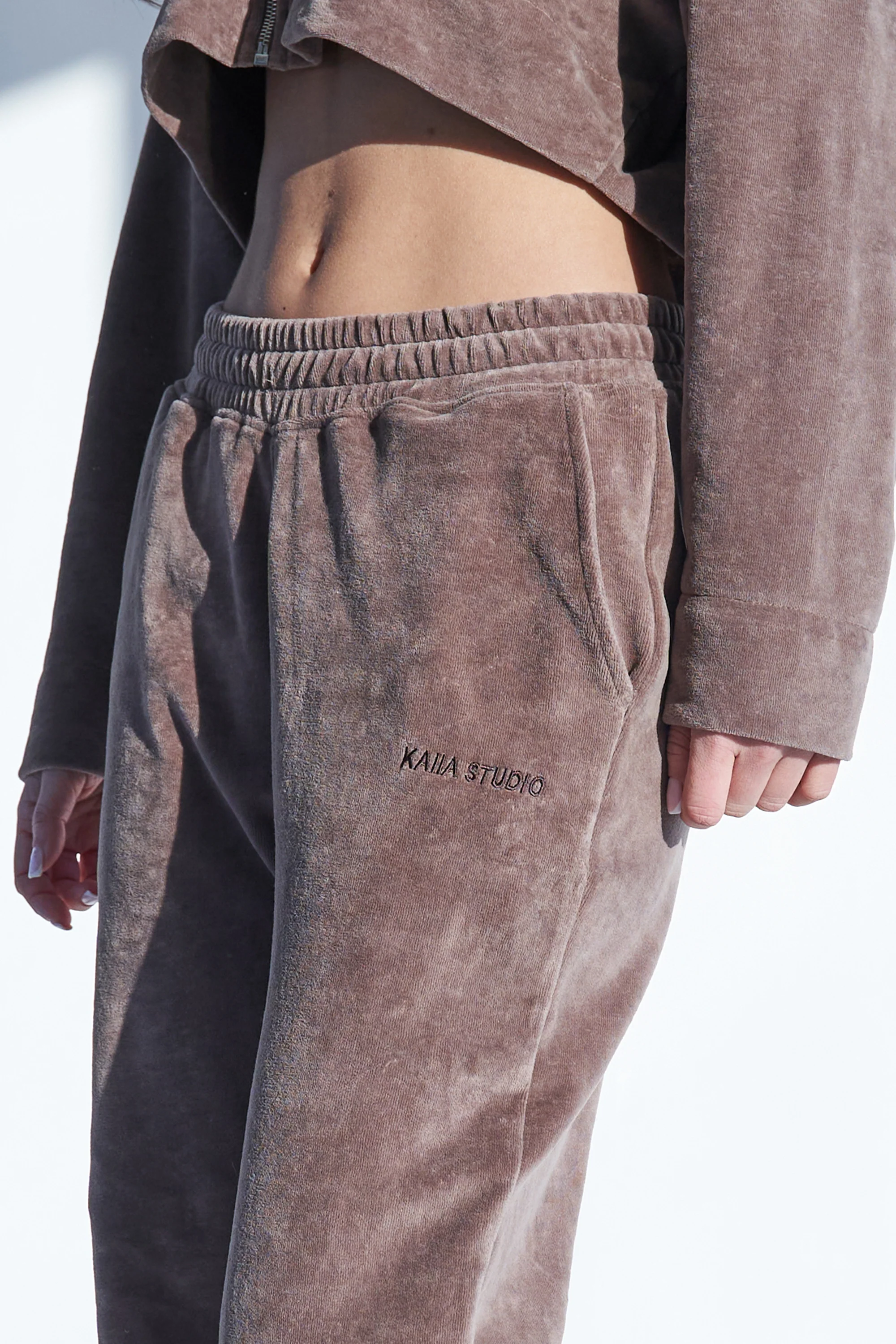 Kaiia Studio Logo Velour Wide Leg Joggers Taupe - Image 3