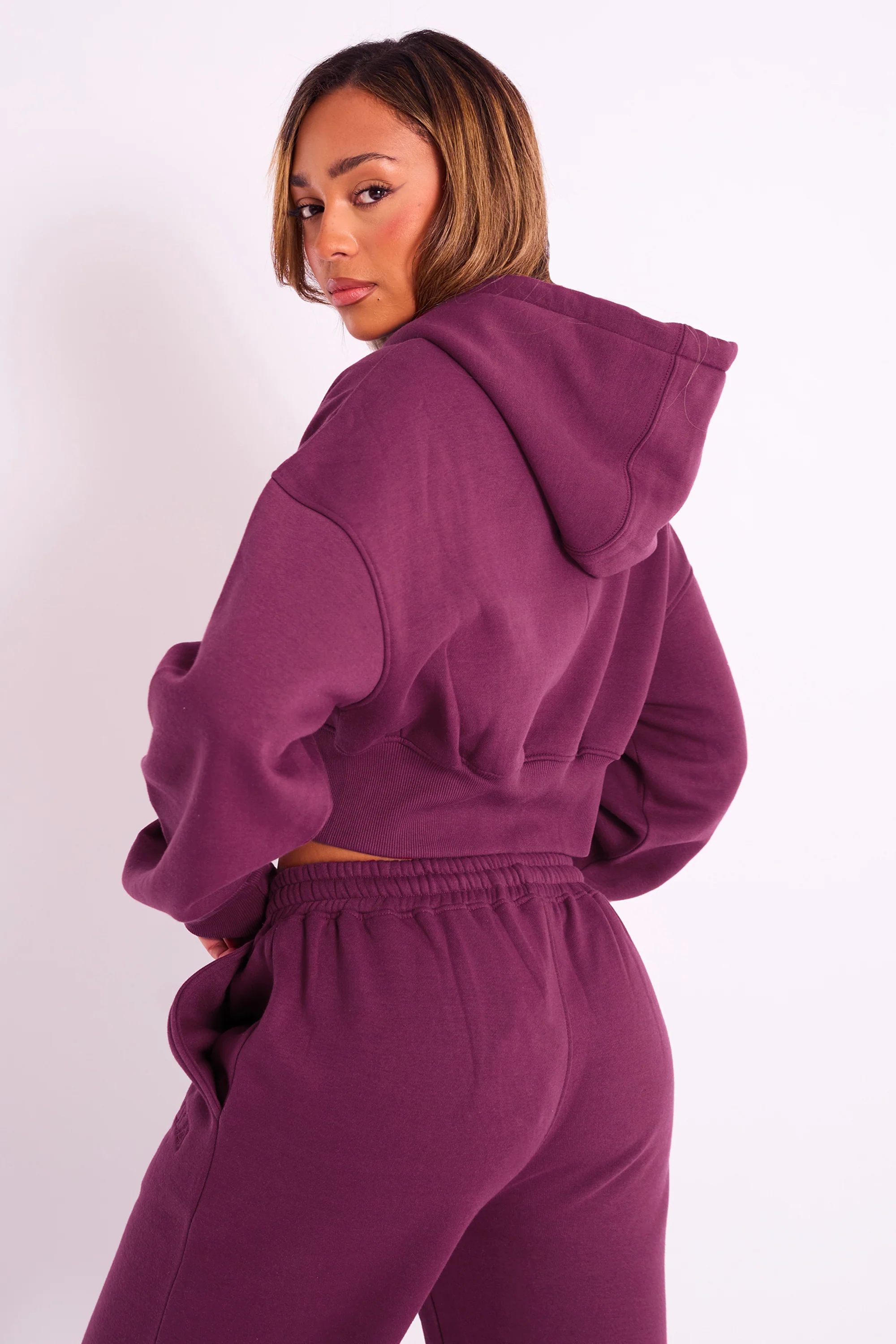 Kaiia Sport Logo Zip Through Cropped Hoodie Burgundy - Image 3