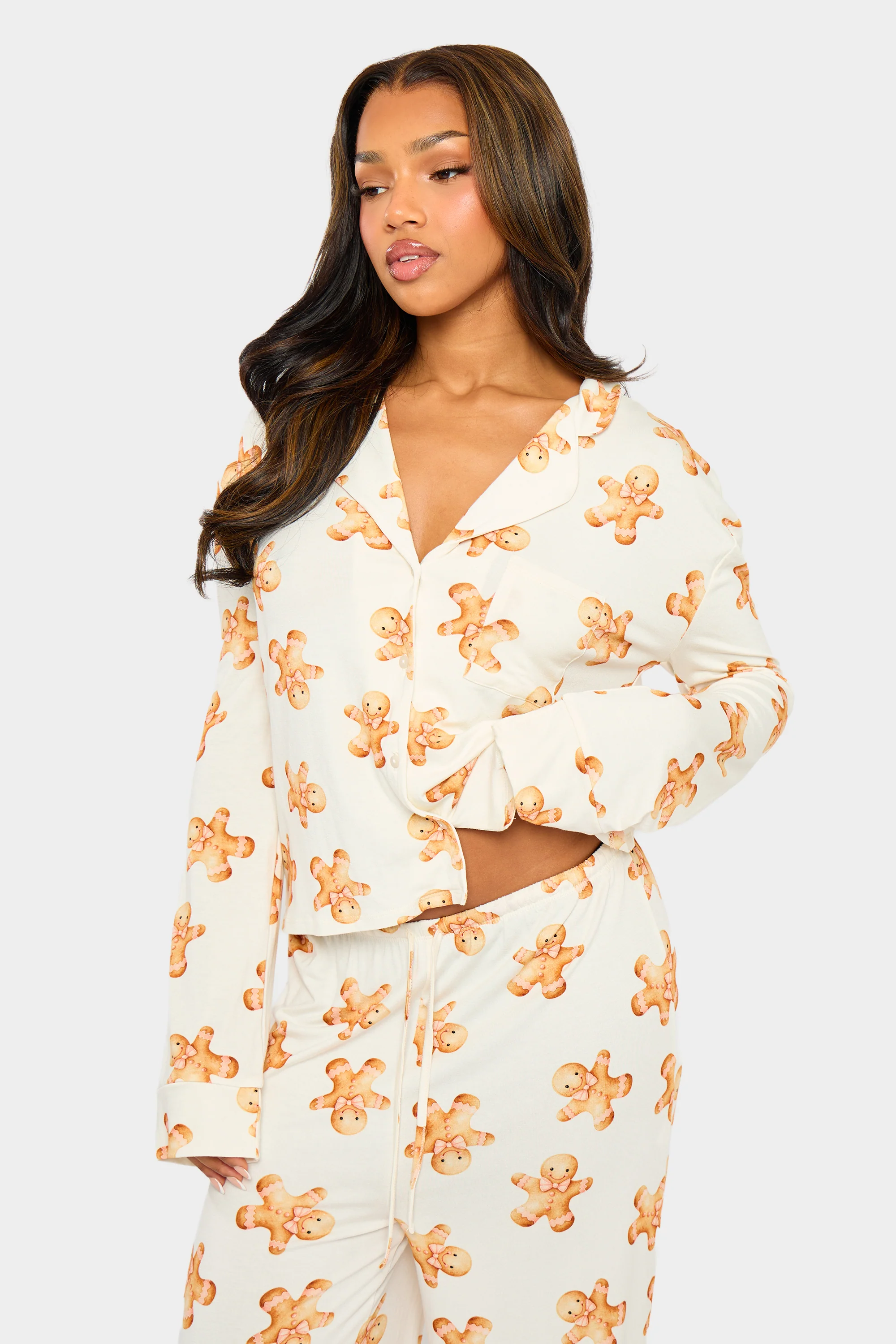 Kaiia Supersoft Gingerbread Slouchy Button Up Pyjama Shirt Cream & Brown