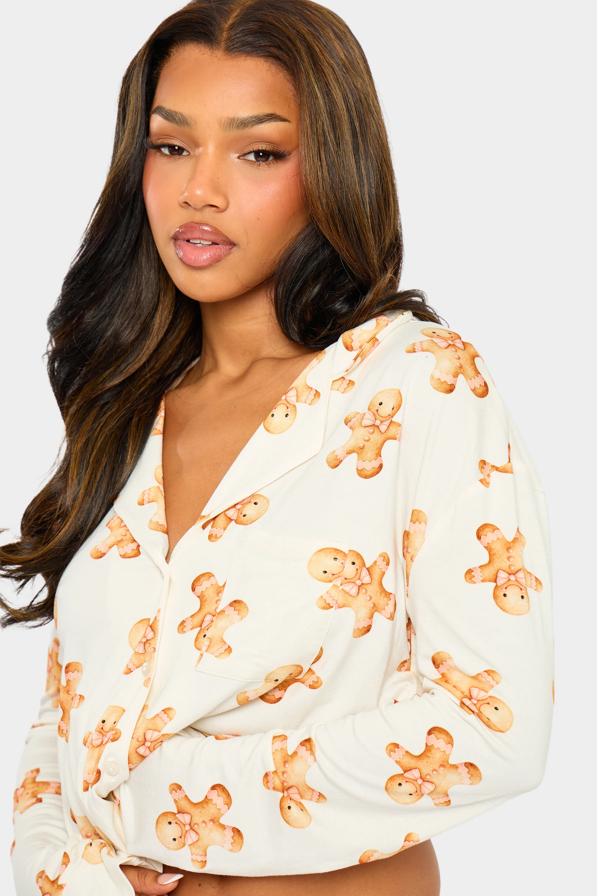 Kaiia Supersoft Gingerbread Slouchy Button Up Pyjama Shirt Cream & Brown - Image 2