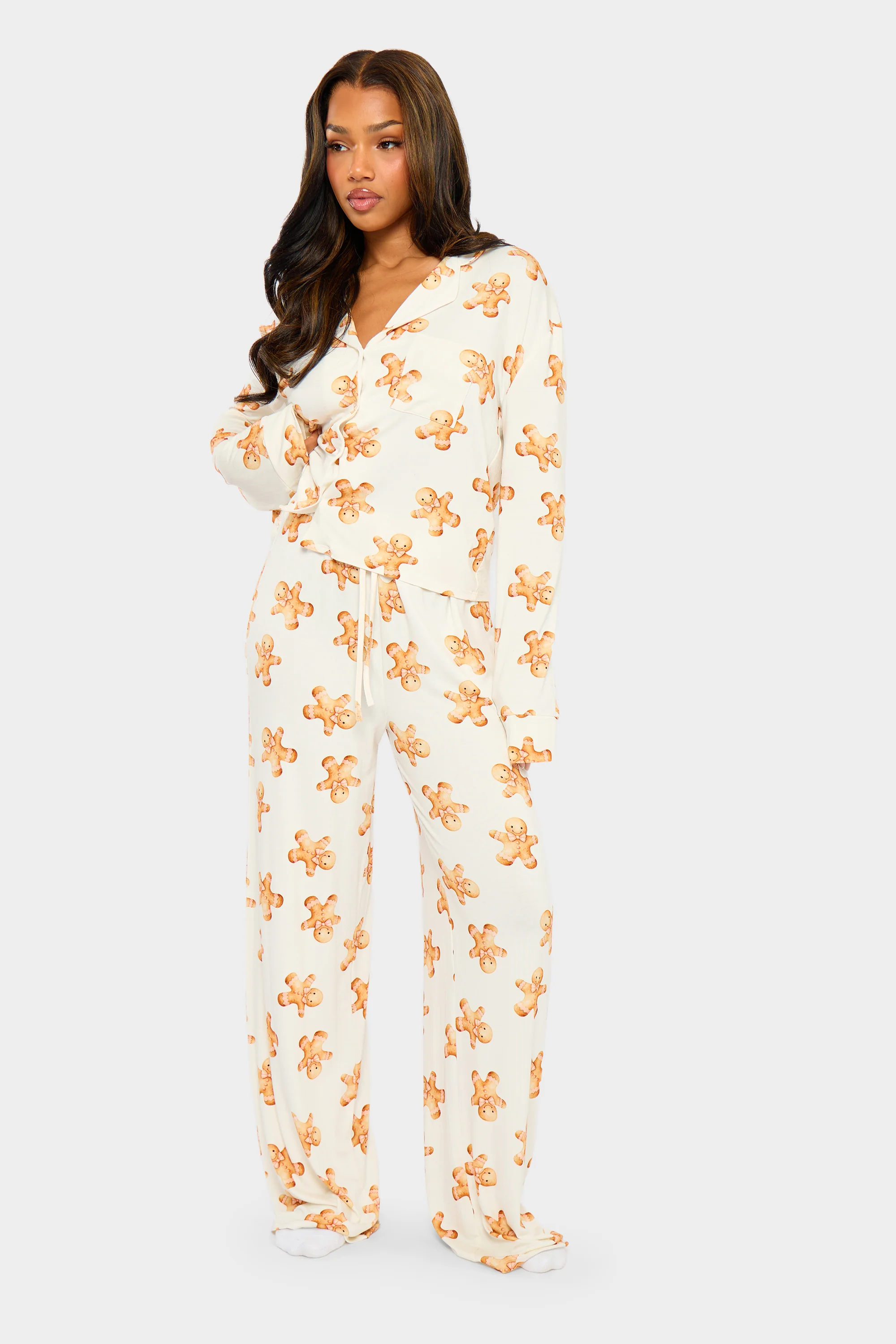Kaiia Supersoft Gingerbread Slouchy Button Up Pyjama Shirt Cream & Brown - Image 3