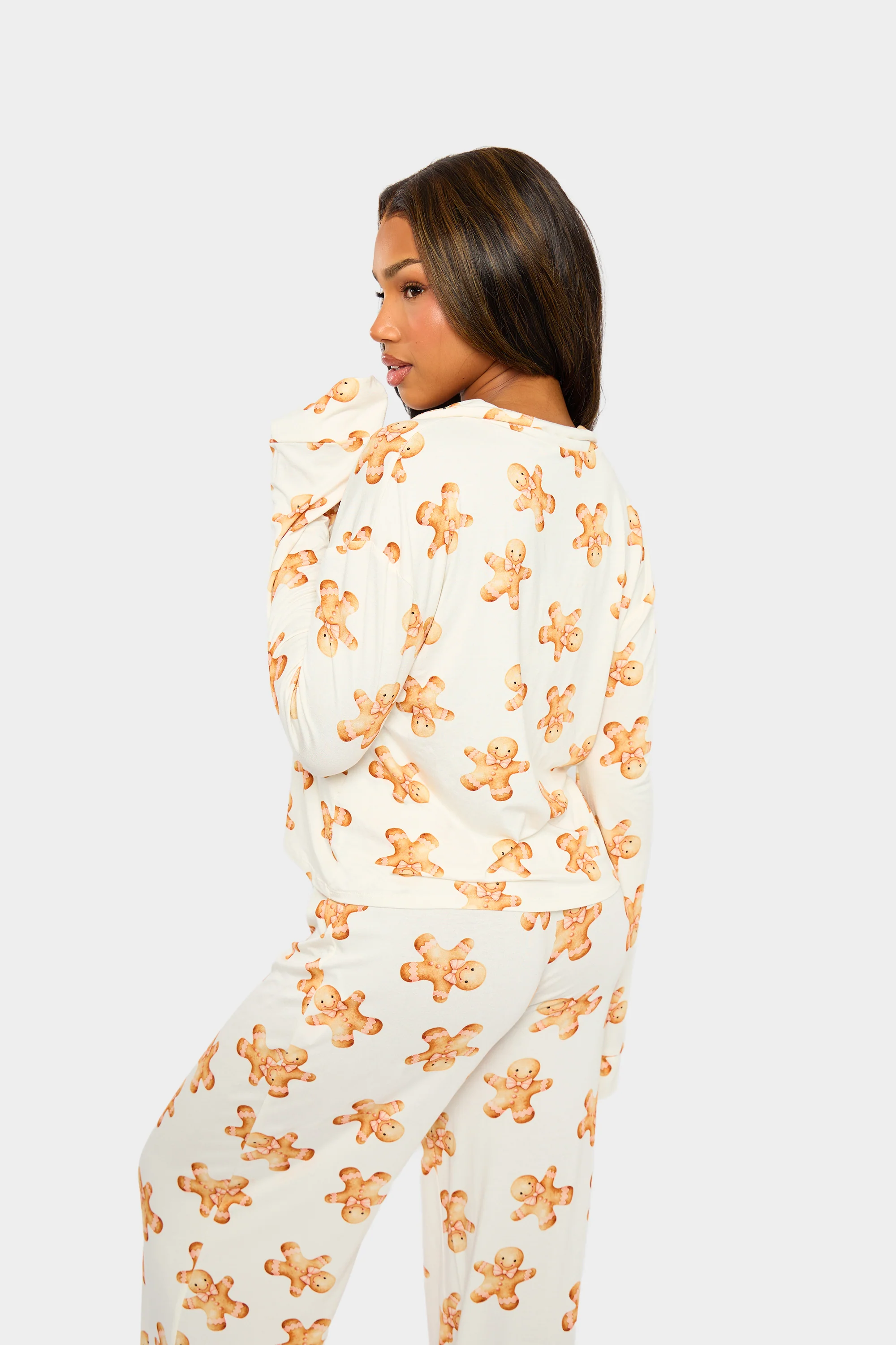 Kaiia Supersoft Gingerbread Slouchy Button Up Pyjama Shirt Cream & Brown - Image 4