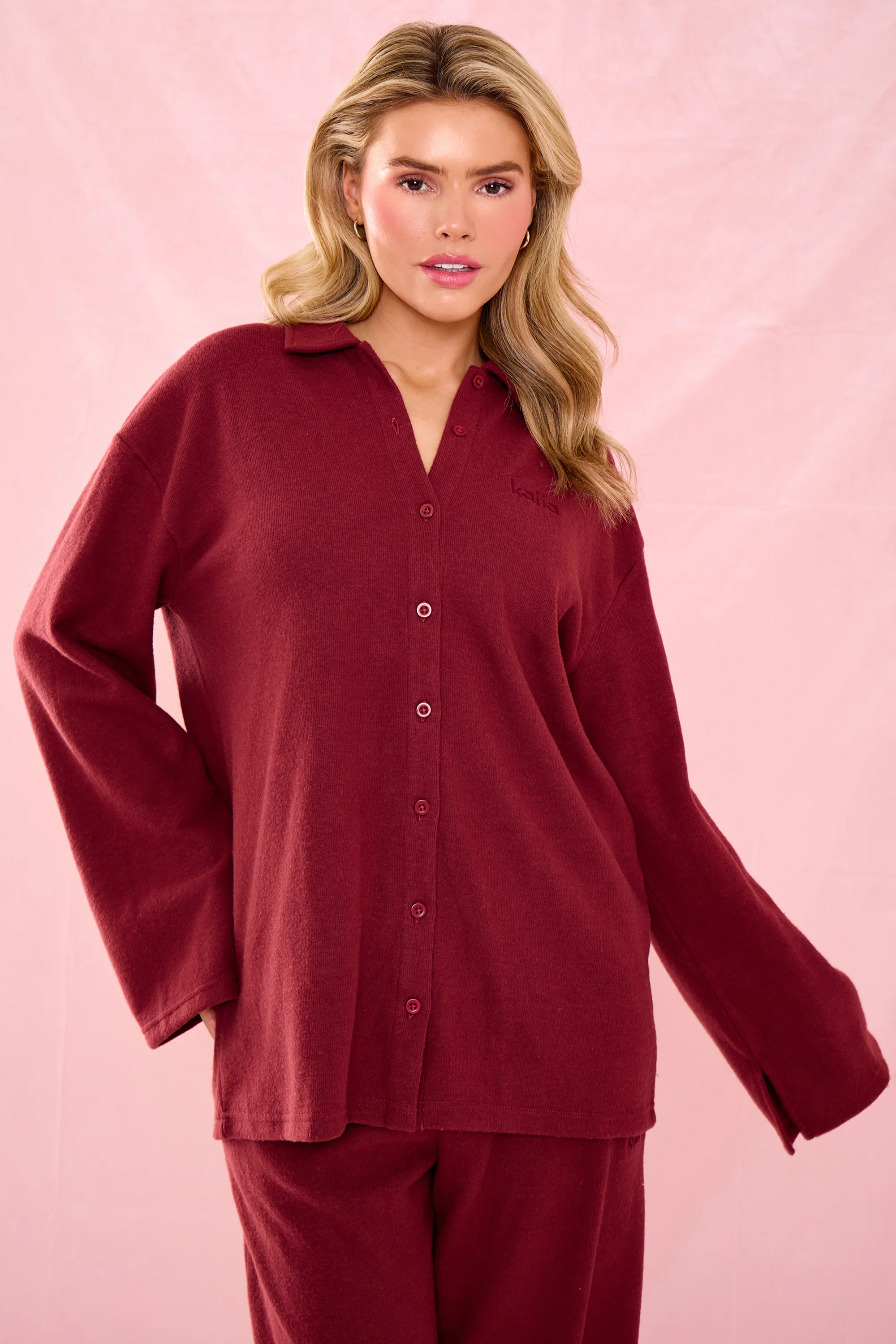 Kaiia Supersoft Oversized Button Down Shirt Warm Berry
