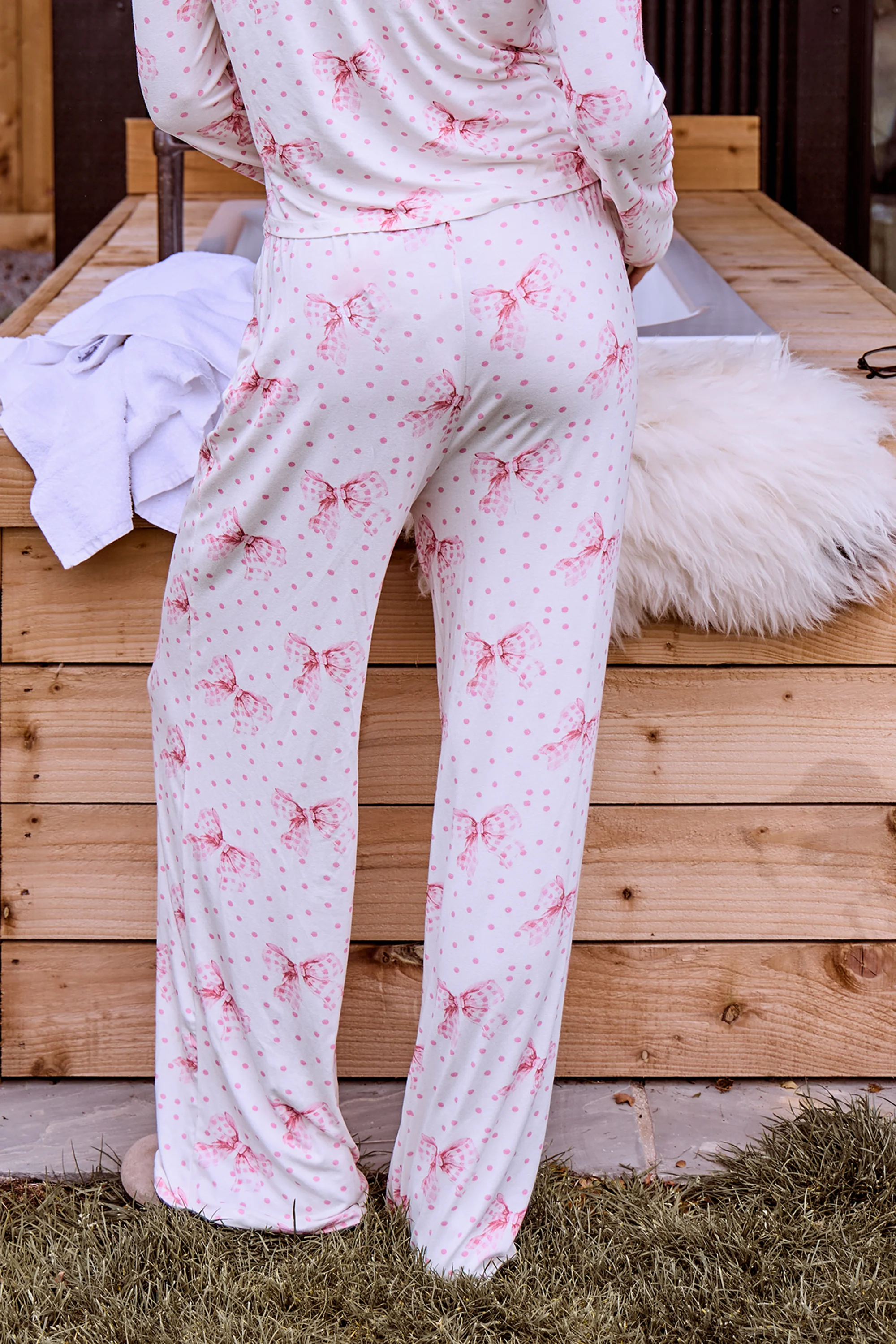 Kaiia Supersoft Polka Dot Bow Print Pyjama Trousers Cream & Pink - Image 3
