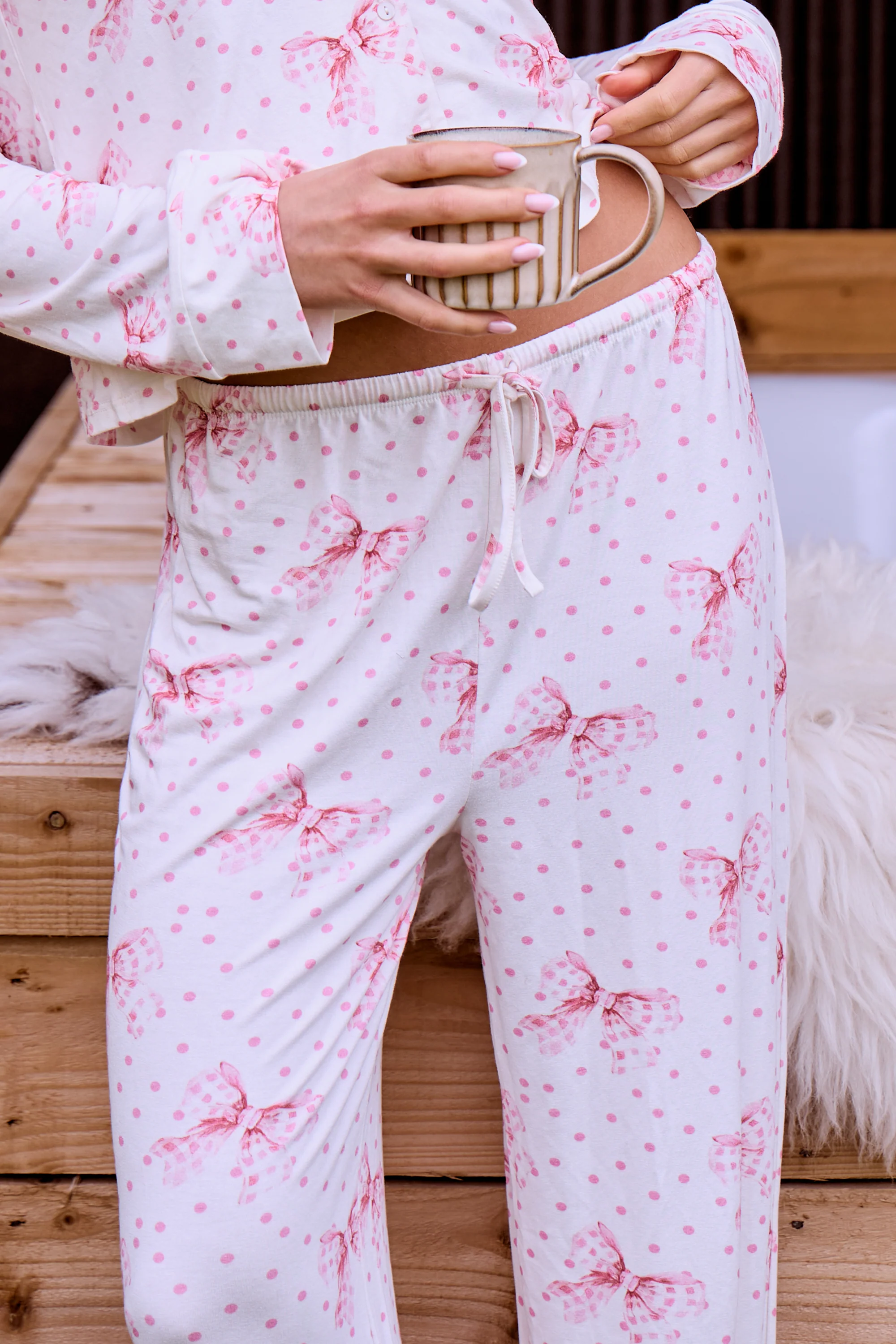 Kaiia Supersoft Polka Dot Bow Print Pyjama Trousers Cream & Pink - Image 4