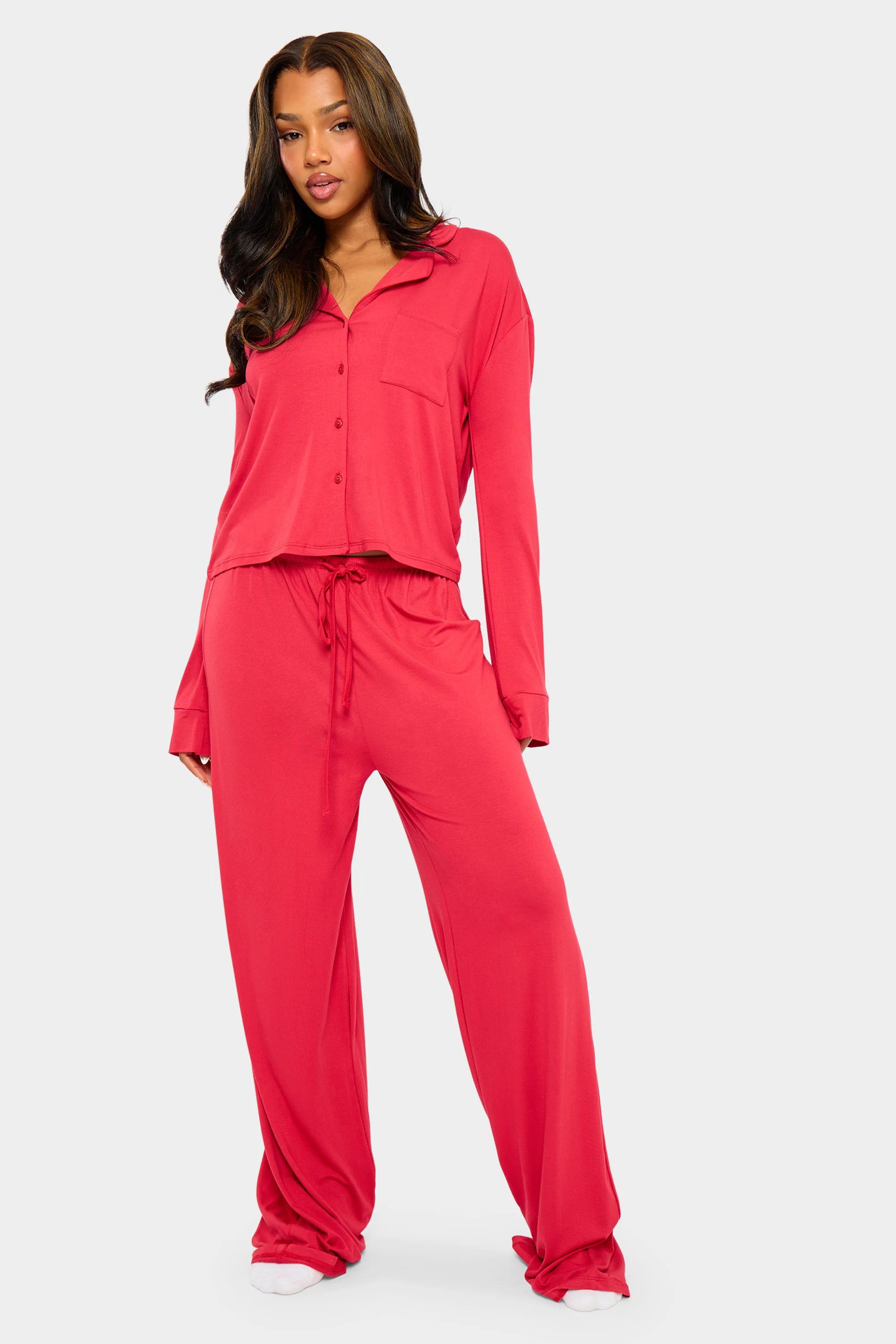 Kaiia Supersoft Slouchy Button Up Pyjama Shirt Red - Image 3