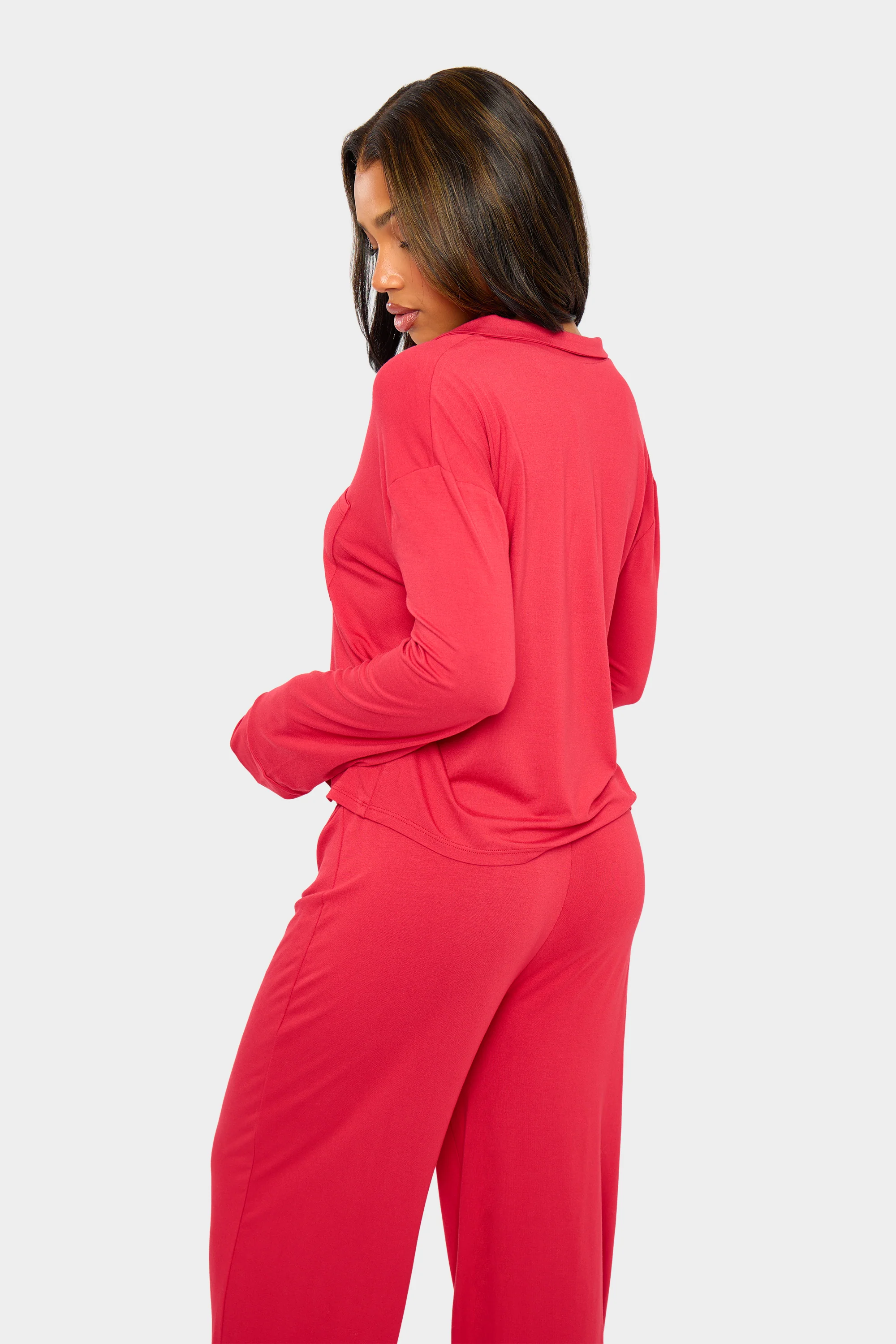 Kaiia Supersoft Slouchy Button Up Pyjama Shirt Red - Image 4