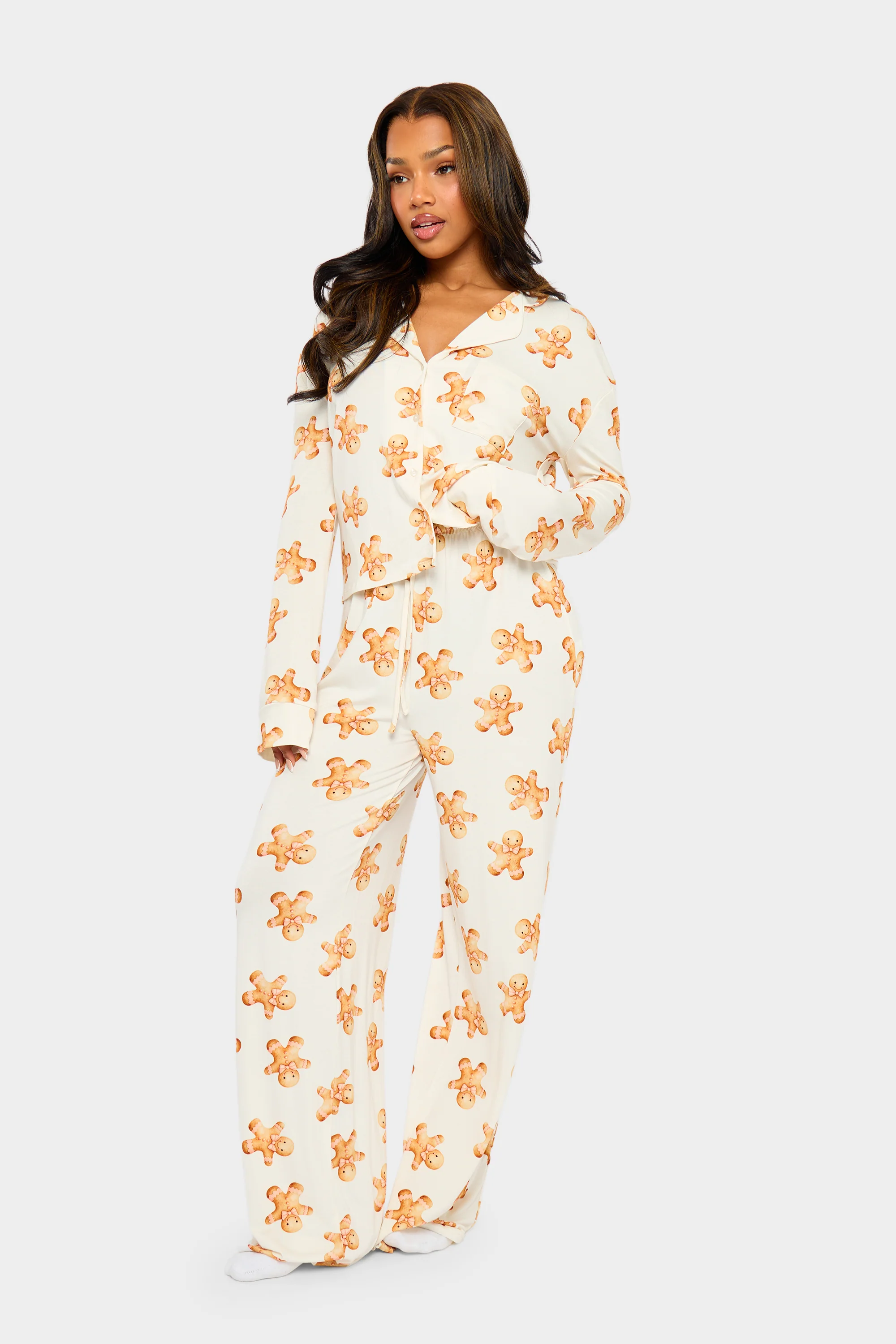 Kaiia Supersoft Gingerbread Slouchy Pyjama Trousers Cream & Brown