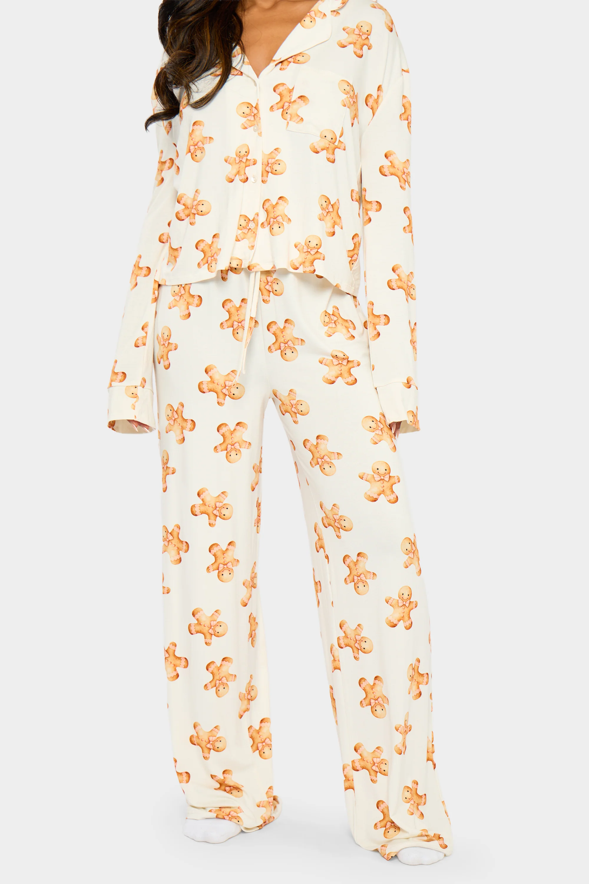 Kaiia Supersoft Gingerbread Slouchy Pyjama Trousers Cream & Brown - Image 3