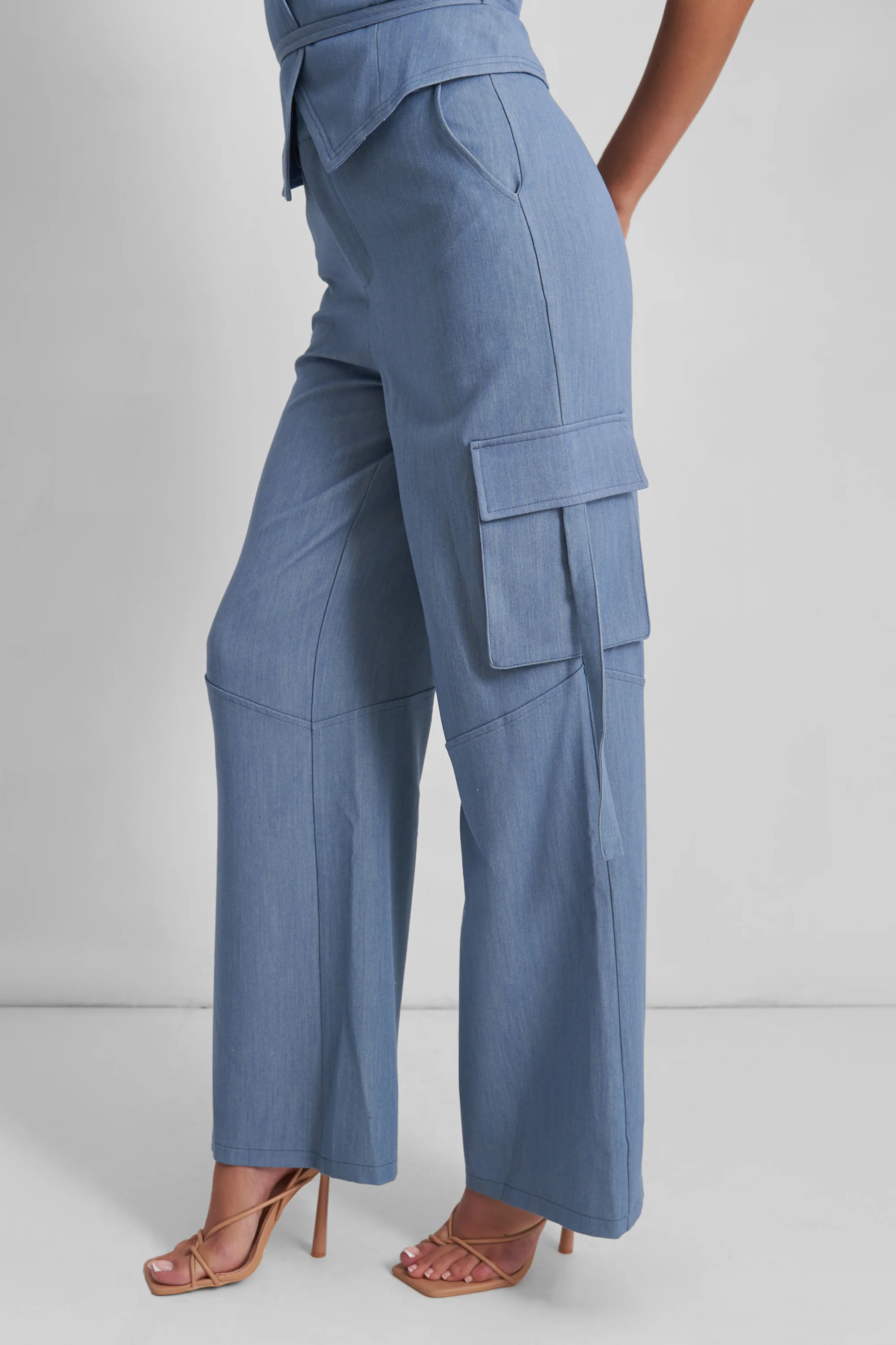 Kaiia Tailored Wide Leg Trousers Co-ord in Denim Blue - Image 3
