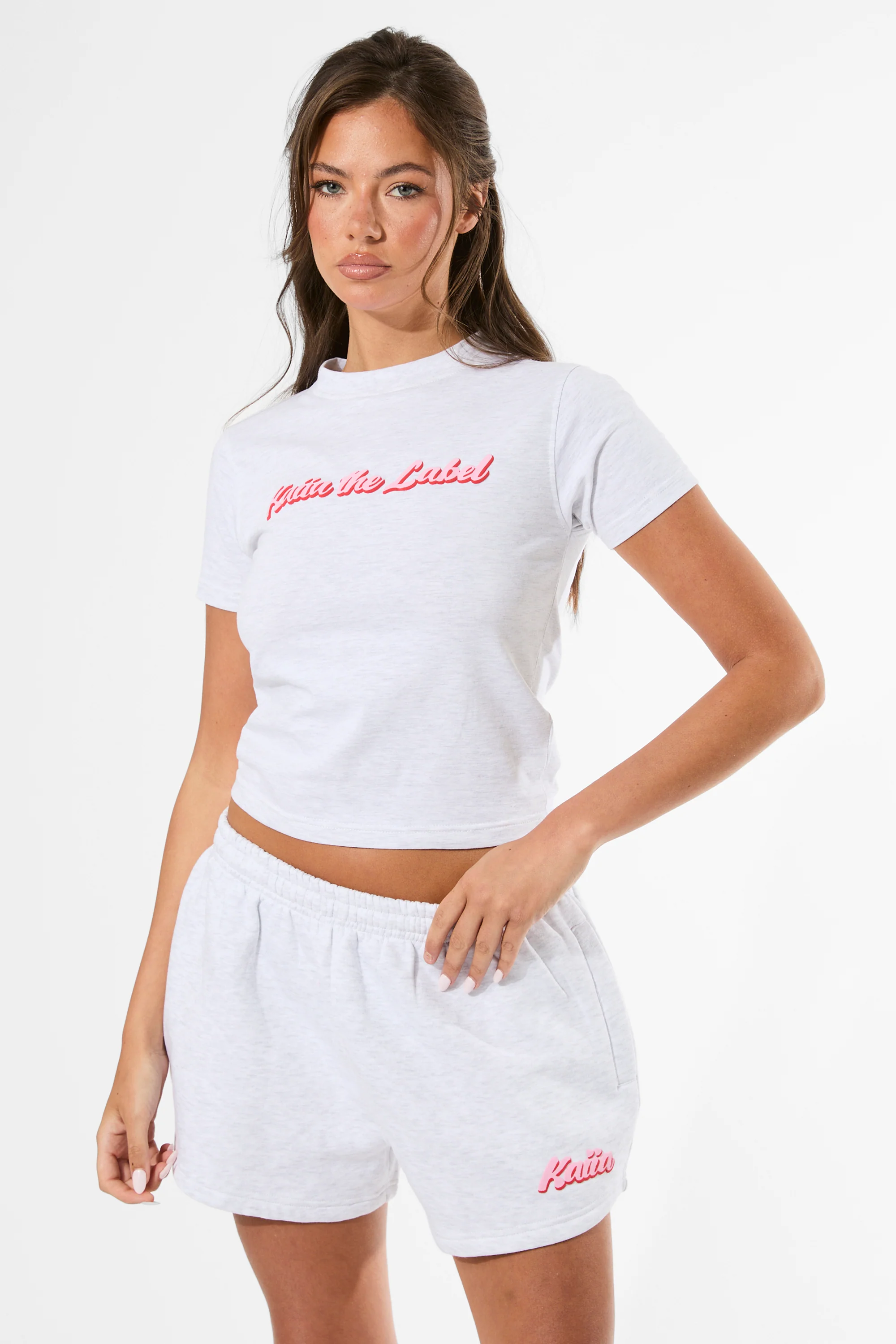 Kaiia the Label Bubble Graphic Baby Tee Light Grey Marl & Baby Pink - Image 5