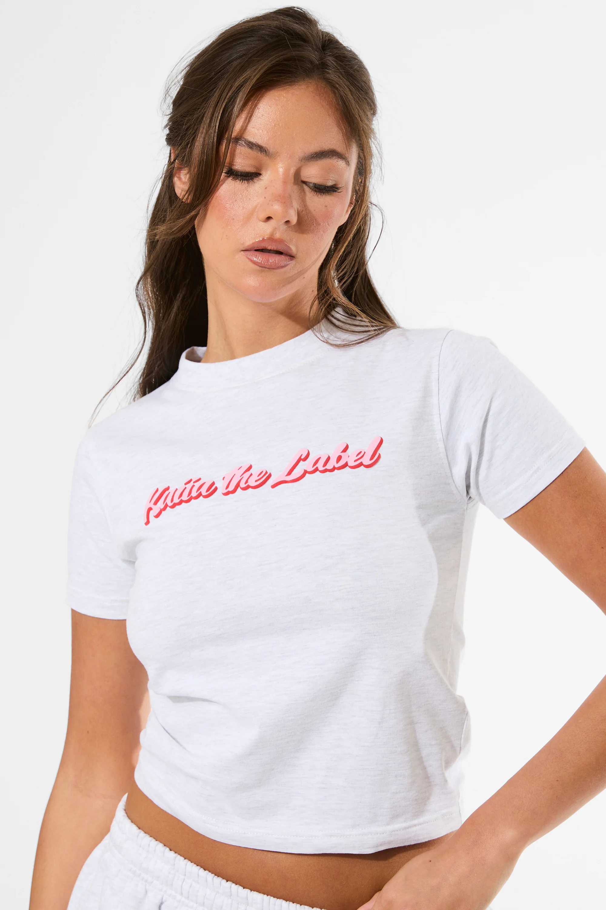 Kaiia the Label Bubble Graphic Baby Tee Light Grey Marl & Baby Pink - Image 6