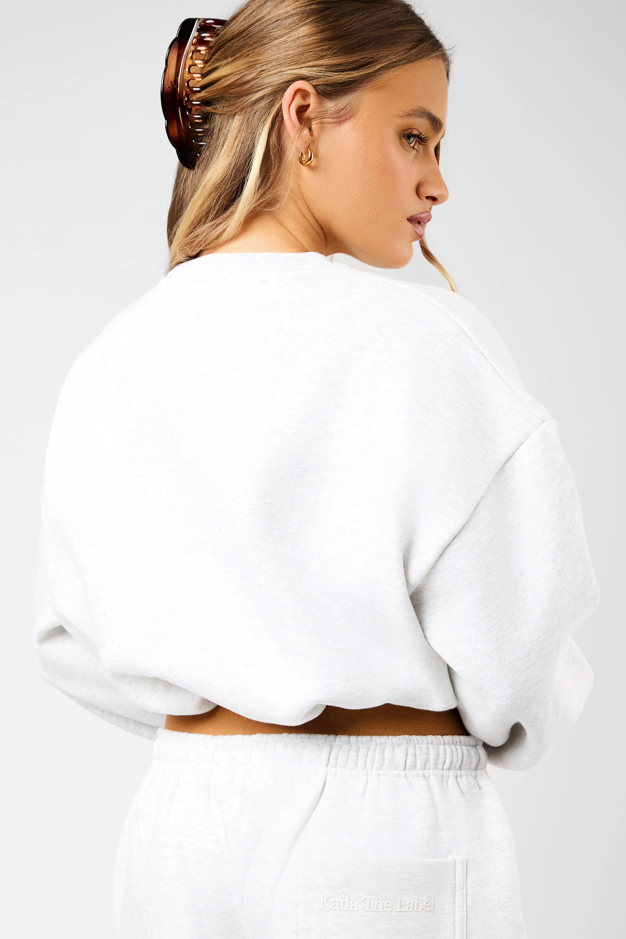 Kaiia The Label Bubble Hem Cropped Sweatshirt Light Grey Marl - Image 4
