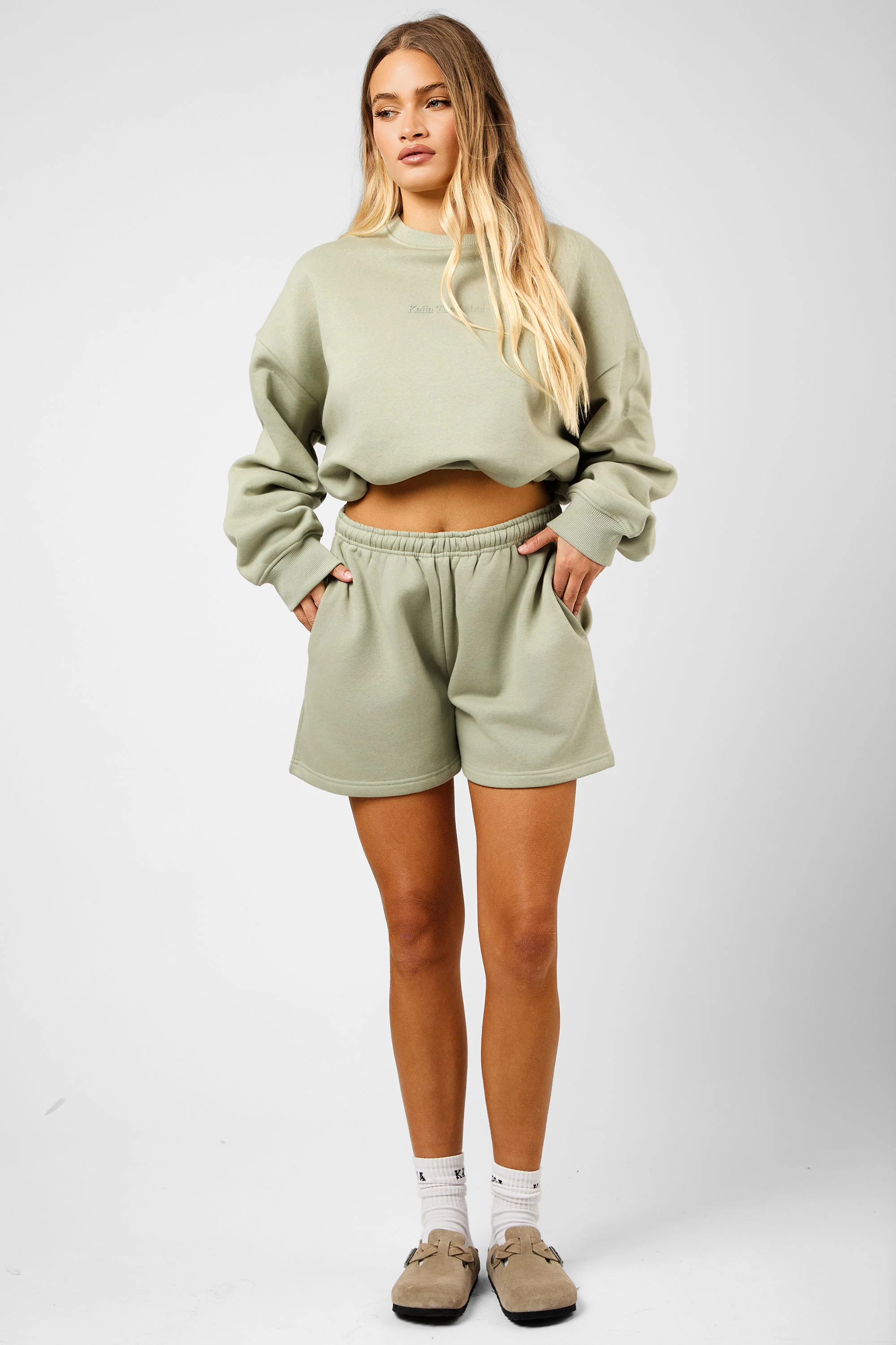 Kaiia The Label Bubble Hem Cropped Sweatshirt Sage - Image 4