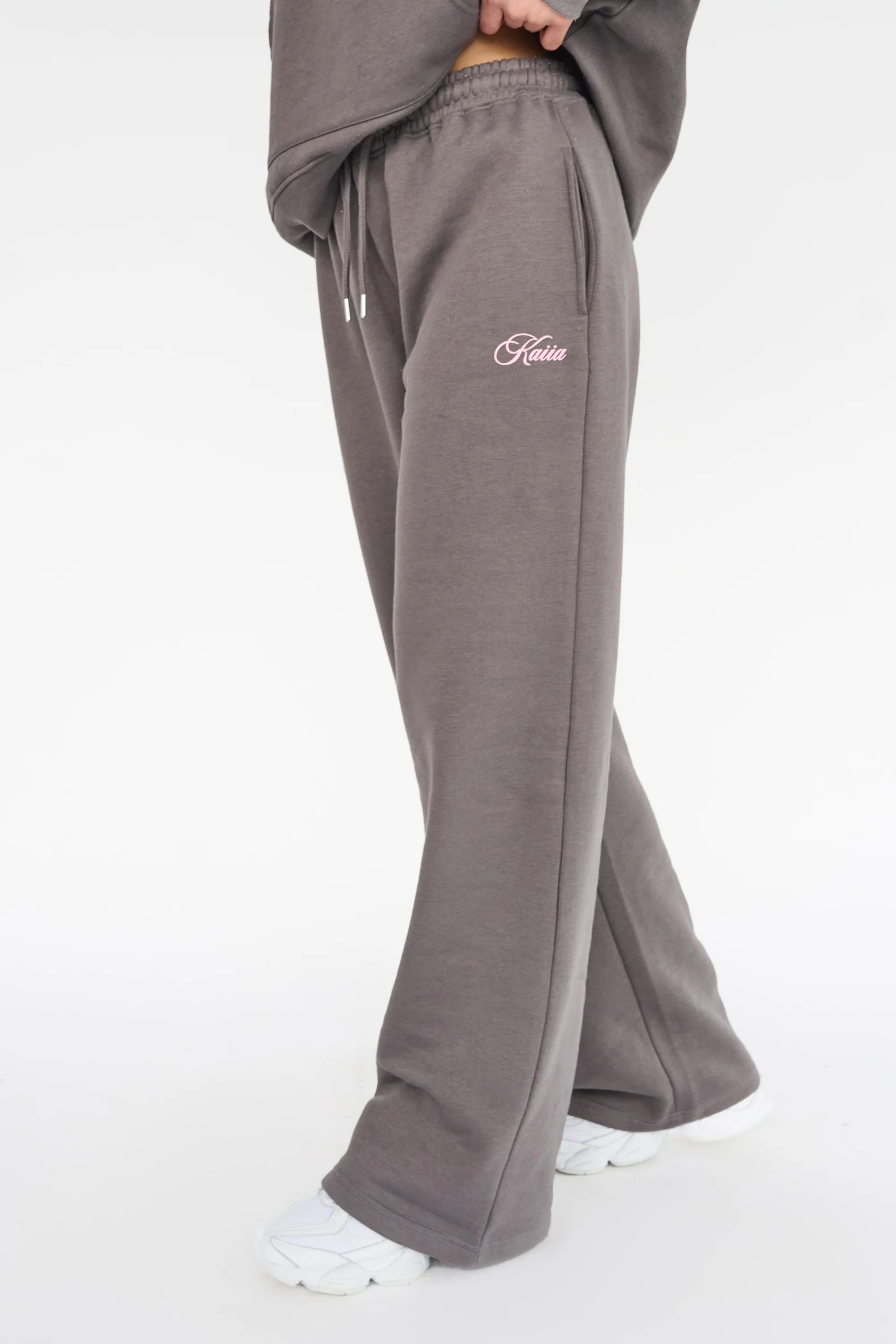 Kaiia the Label Logo Wide Leg Joggers Dark Grey with Pink - Image 3