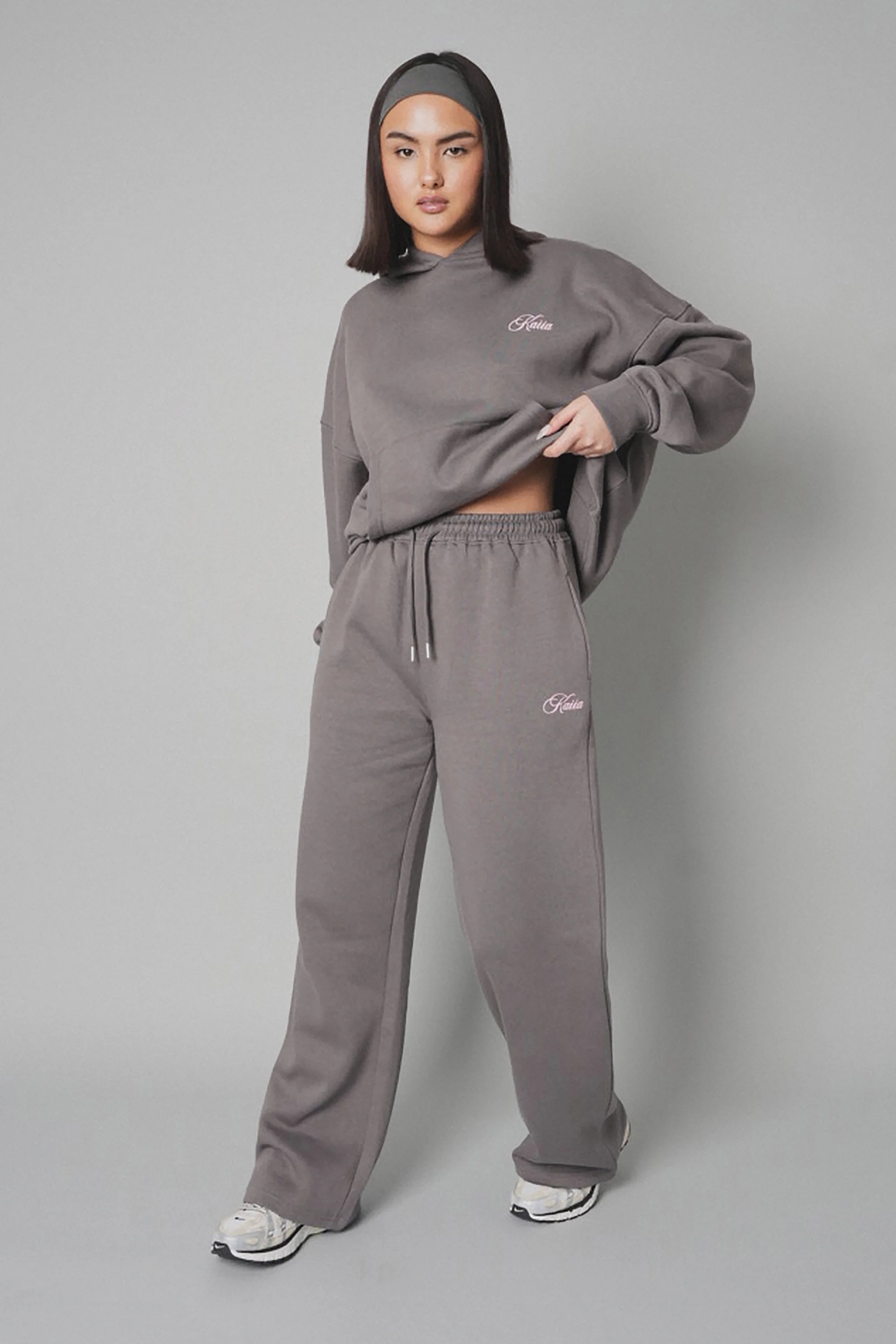 Kaiia the Label Logo Wide Leg Joggers Dark Grey with Pink - Image 5