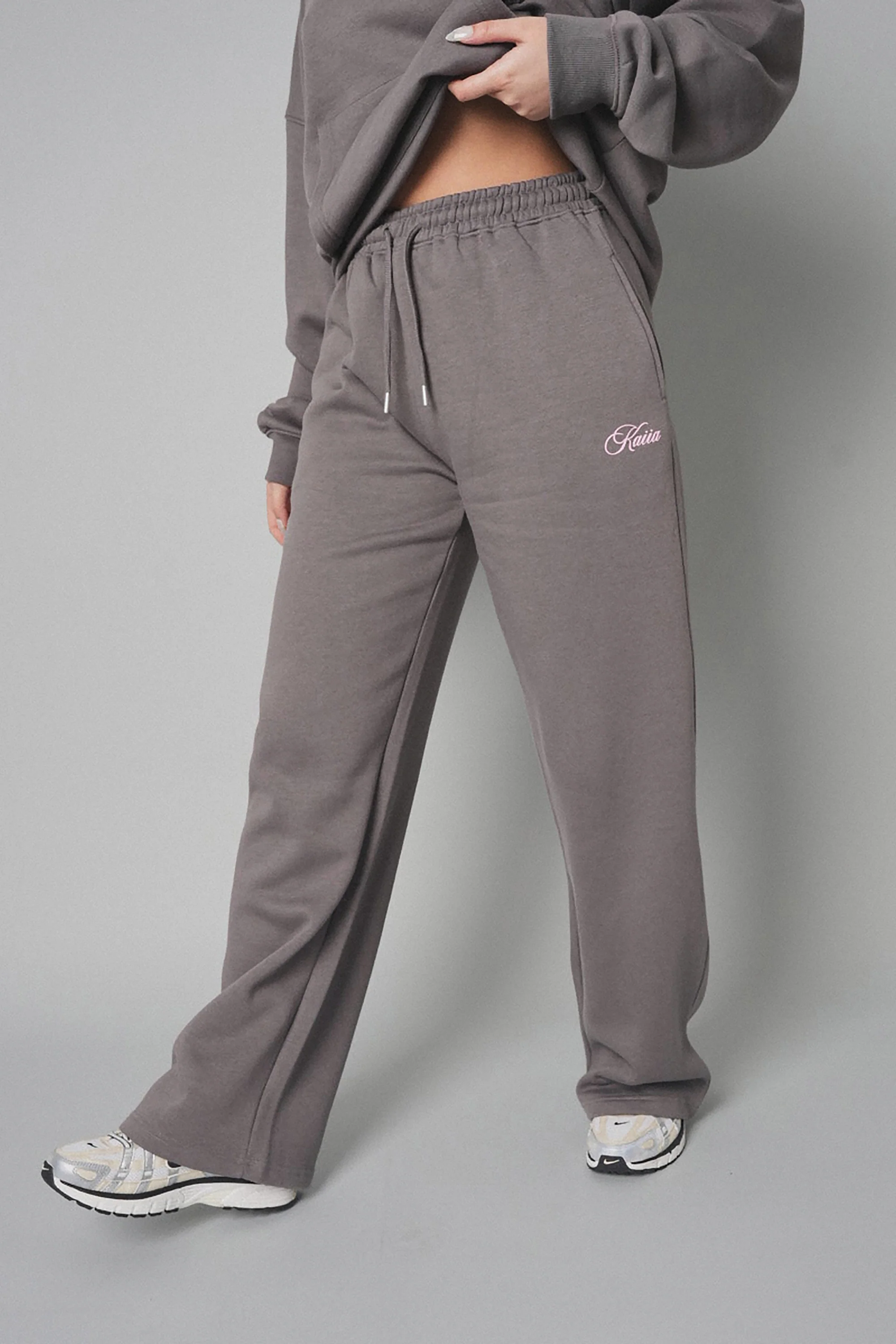 Kaiia the Label Logo Wide Leg Joggers Dark Grey with Pink - Image 6