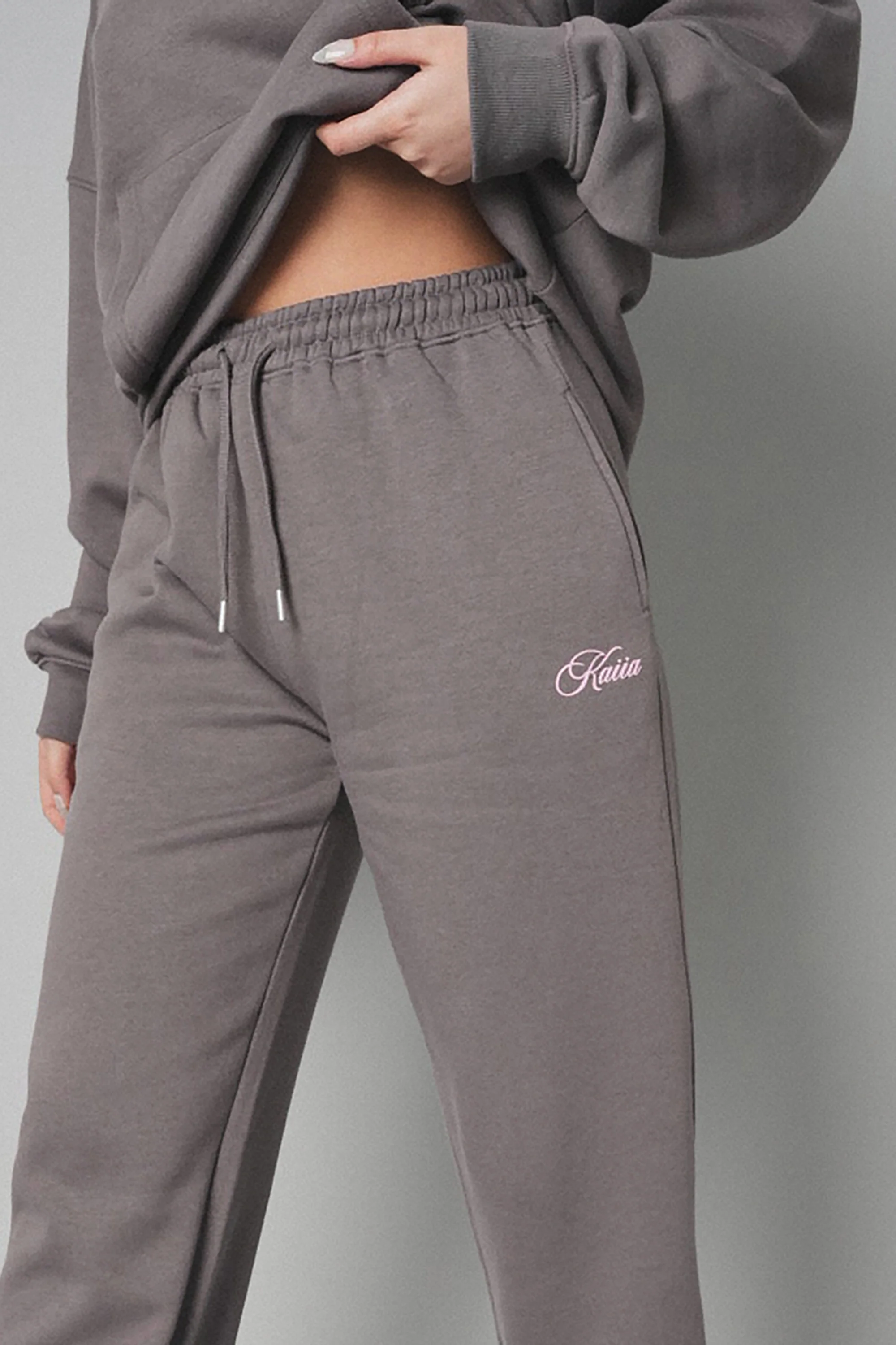 Kaiia the Label Logo Wide Leg Joggers Dark Grey with Pink - Image 8