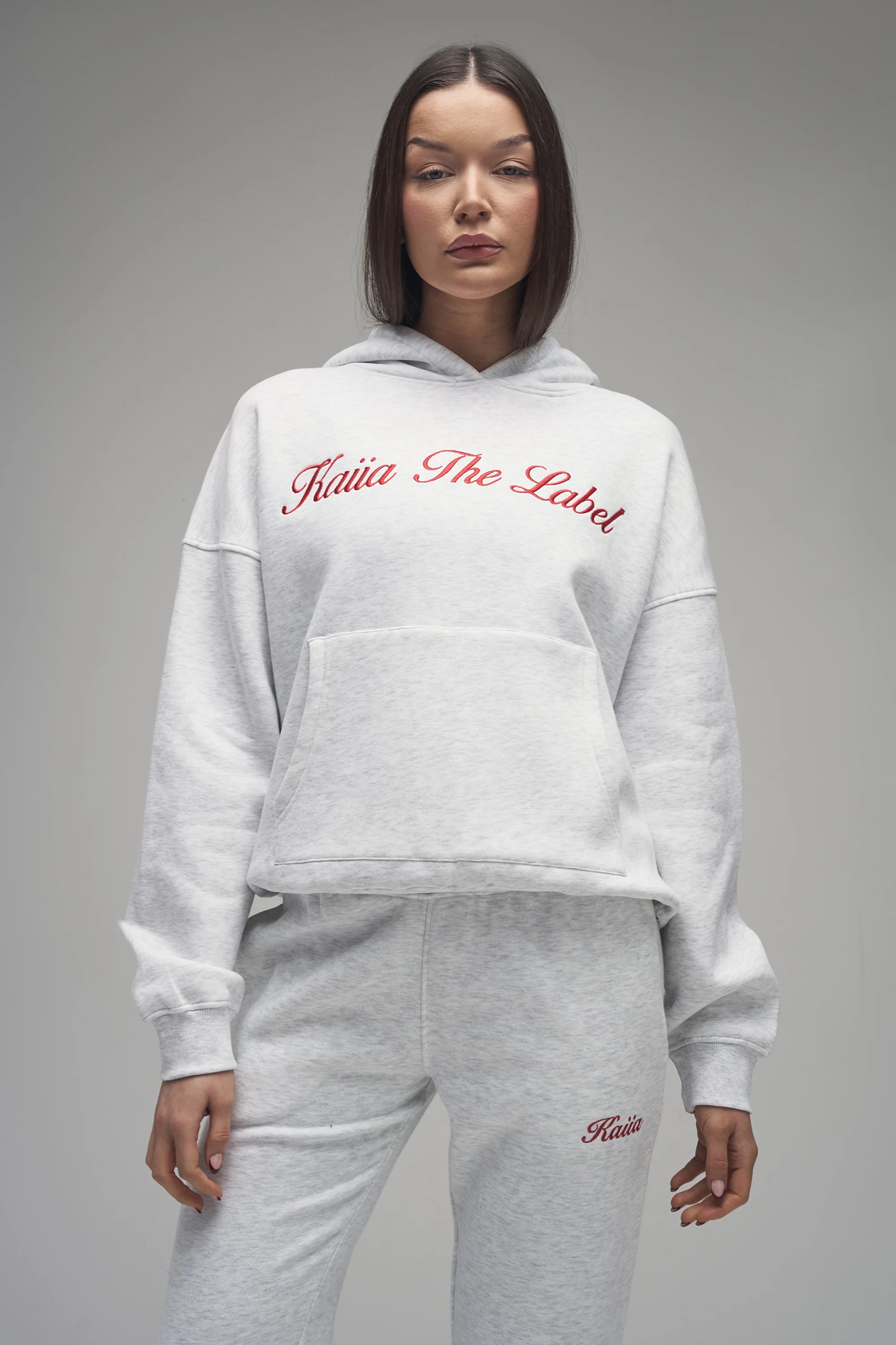 Kaiia Script Logo Oversized Hoodie Light Grey Marl & Red - Image 5