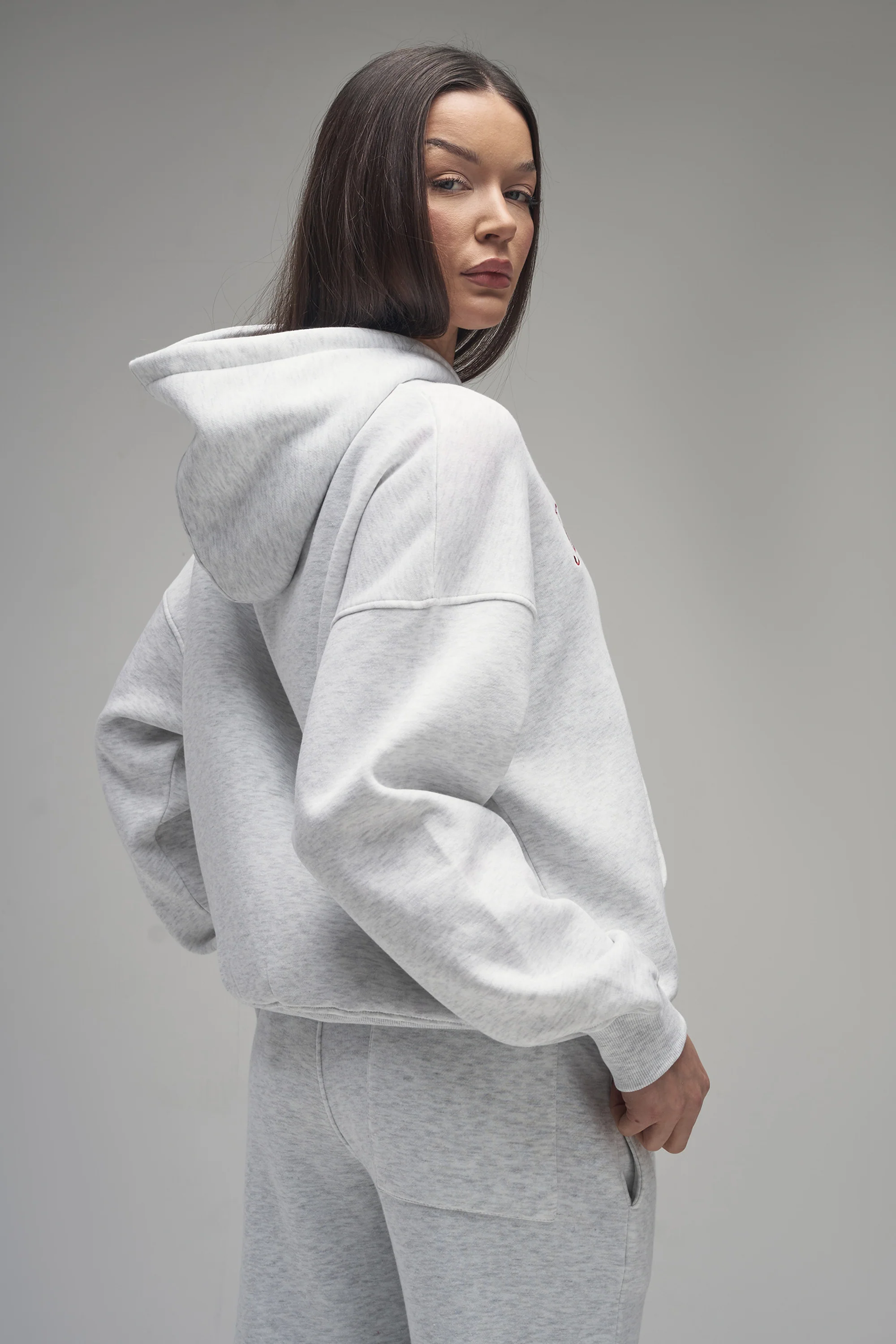 Kaiia Script Logo Oversized Hoodie Light Grey Marl & Red - Image 6