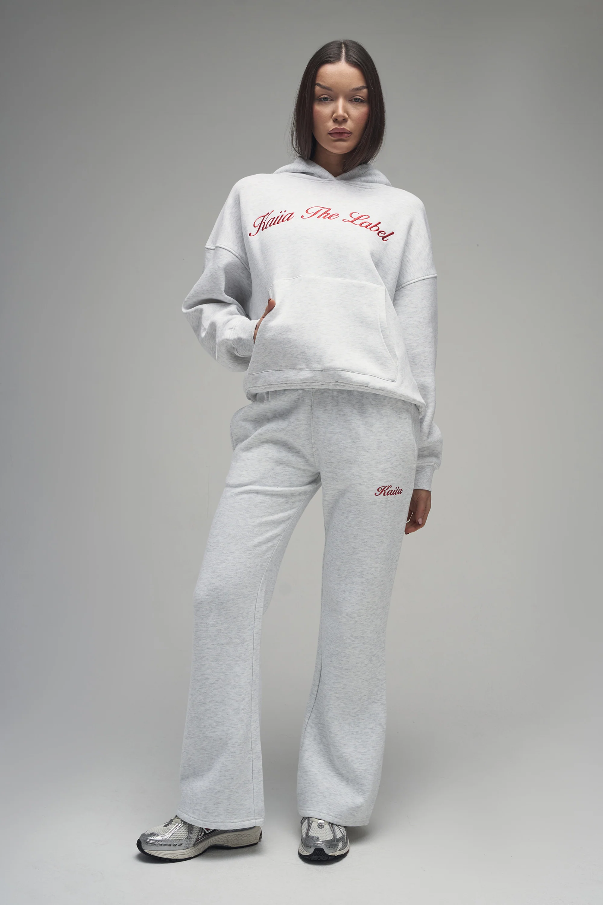 Kaiia Script Logo Oversized Hoodie Light Grey Marl & Red - Image 7