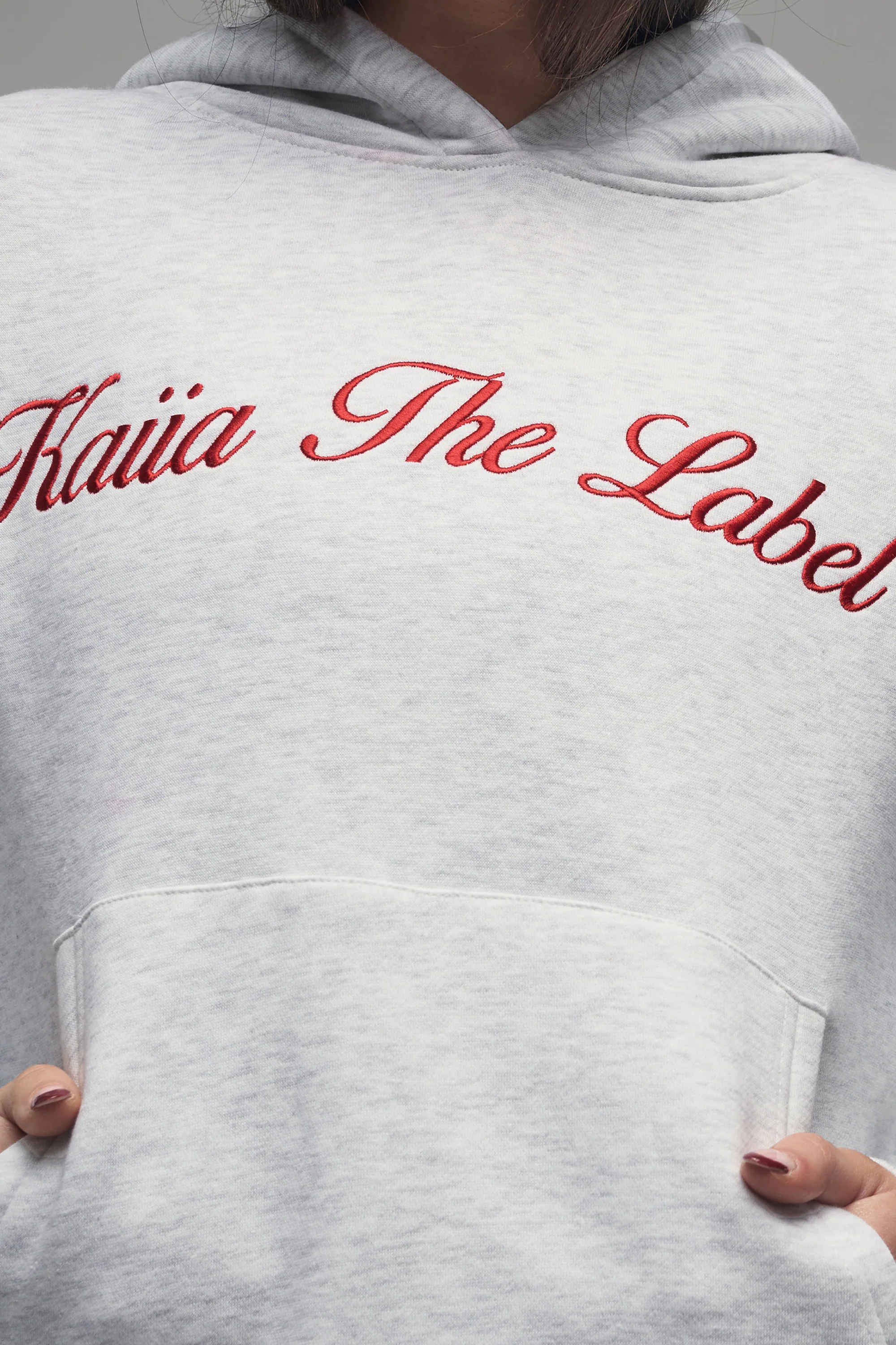 Kaiia Script Logo Oversized Hoodie Light Grey Marl & Red - Image 8