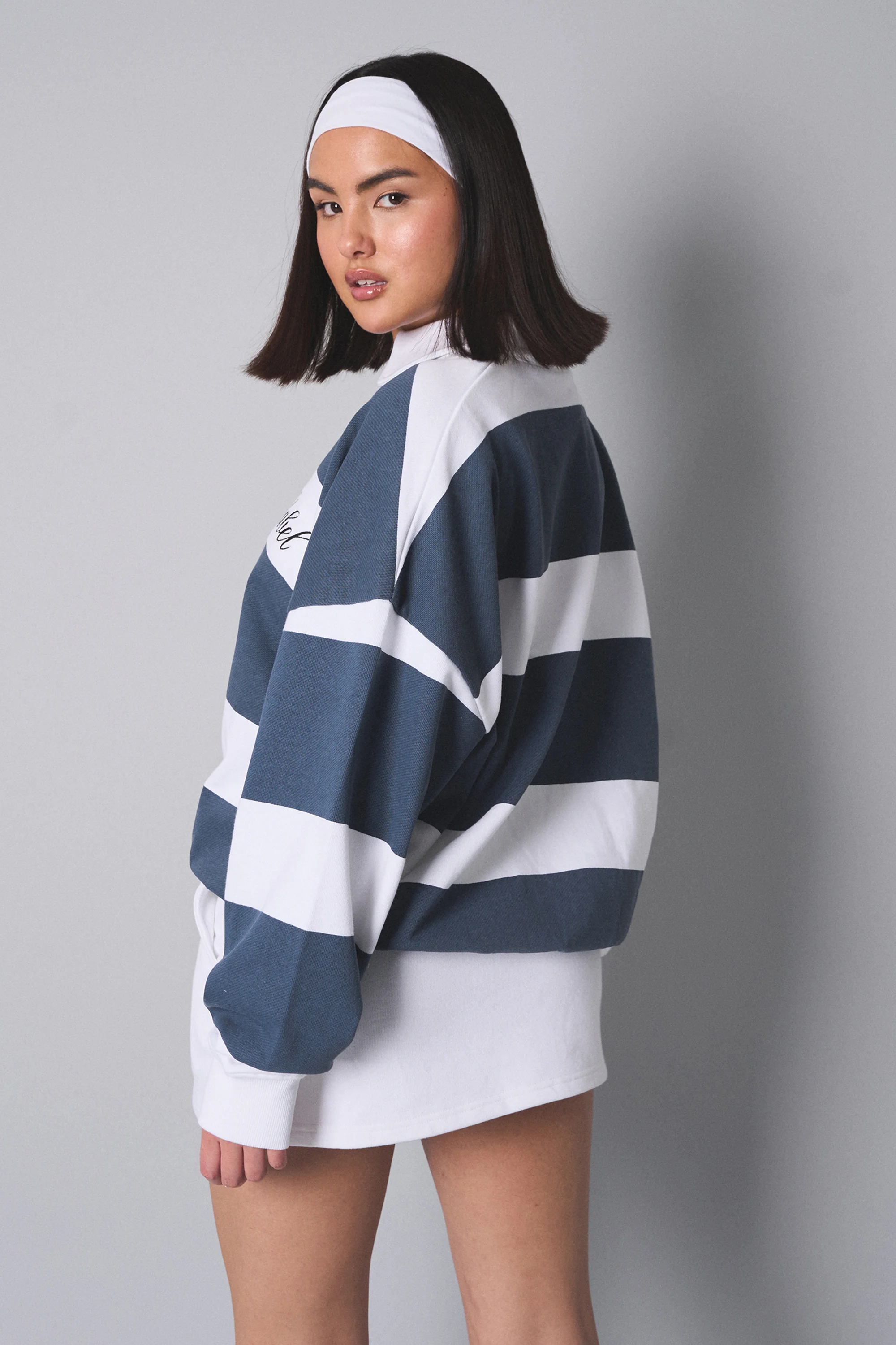 Kaiia the Label Striped New York Oversized Rugby Sweatshirt White - Image 2