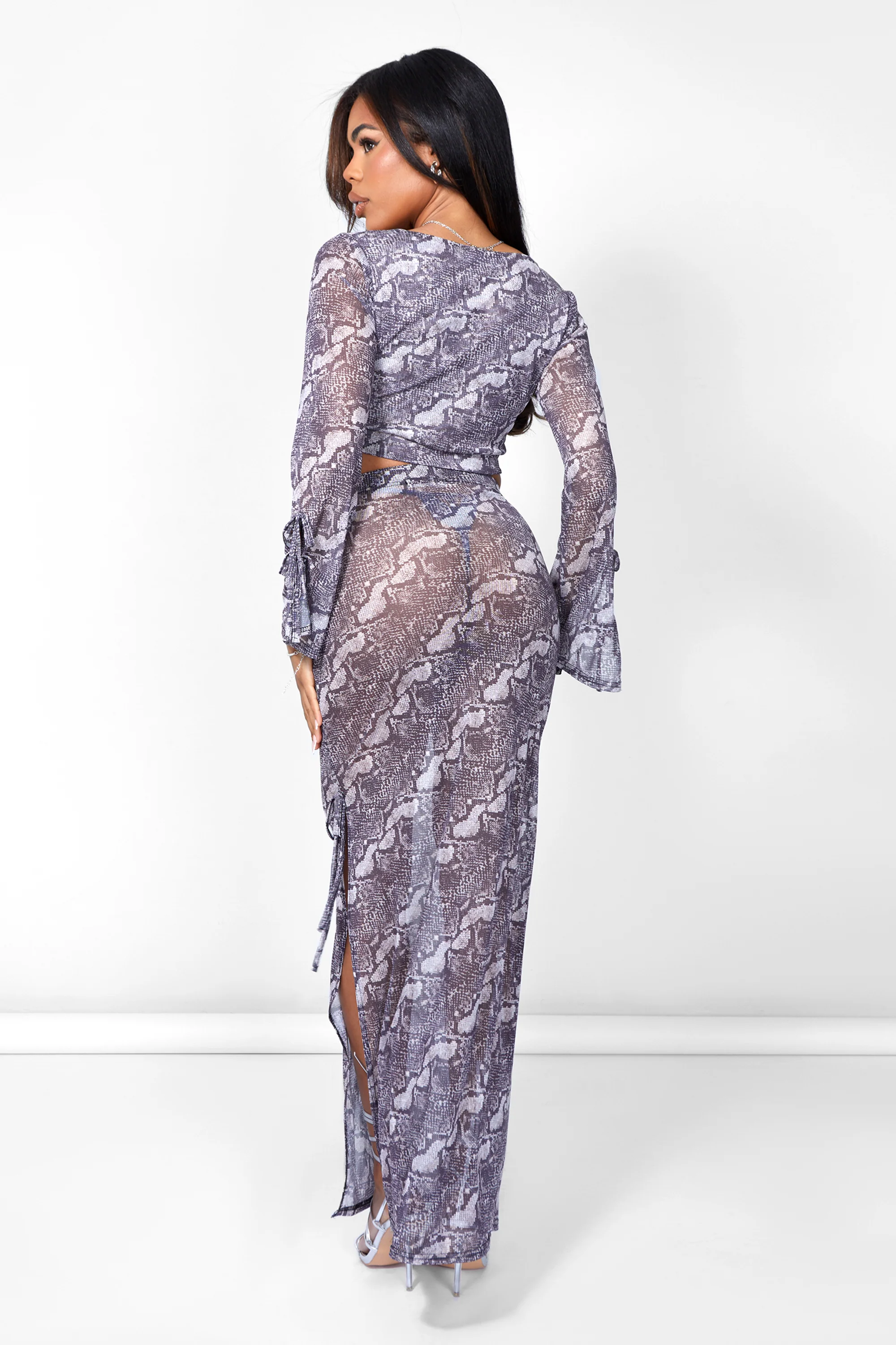 Kaiia Tie Front Sheer Mesh Top Co-ord in Snake Print - Image 4