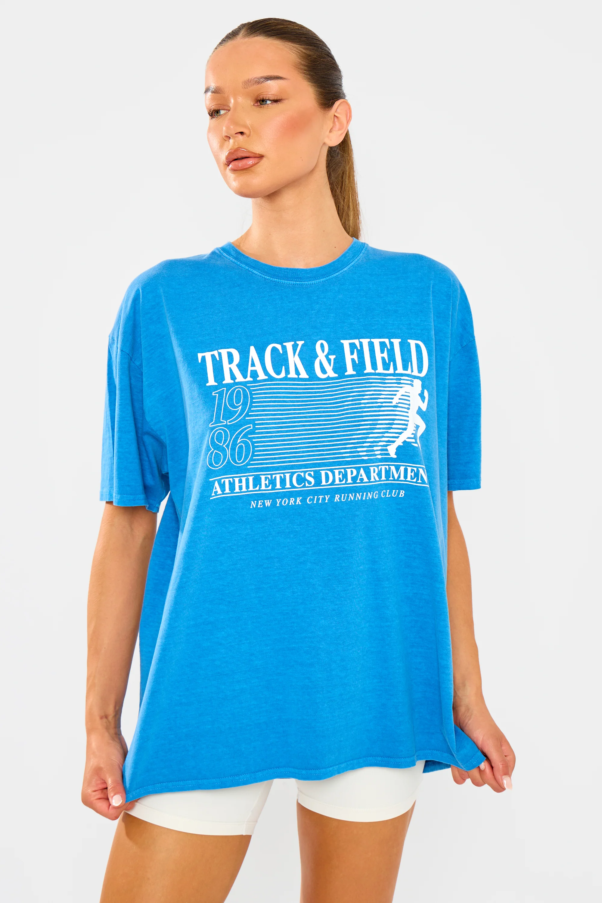 Kaiia Track & Field Print Overdyed Oversized T-shirt Cobalt Blue - Image 8