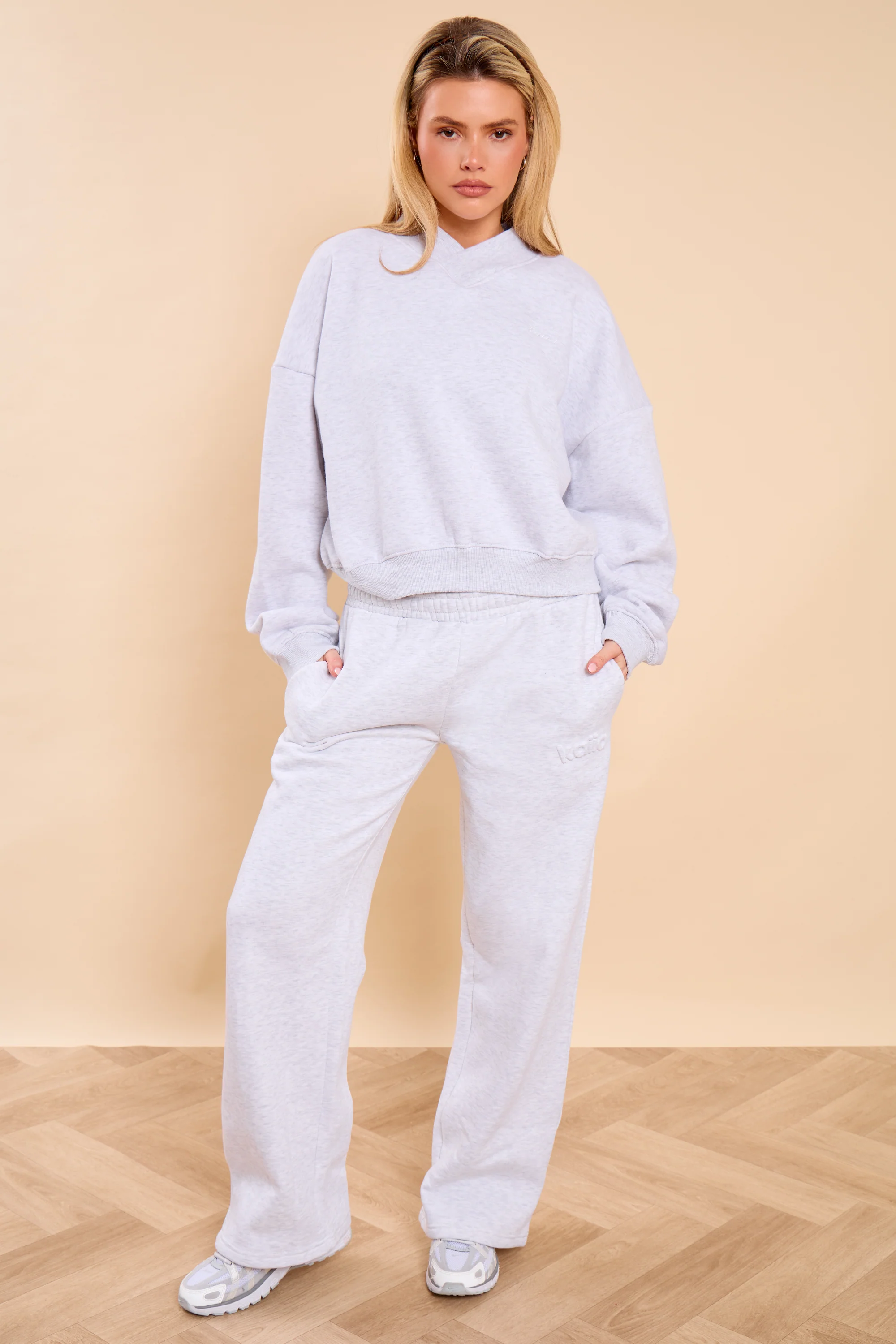 Kaiia V Neck Oversized Sweatshirt Light Grey Marl - Image 3