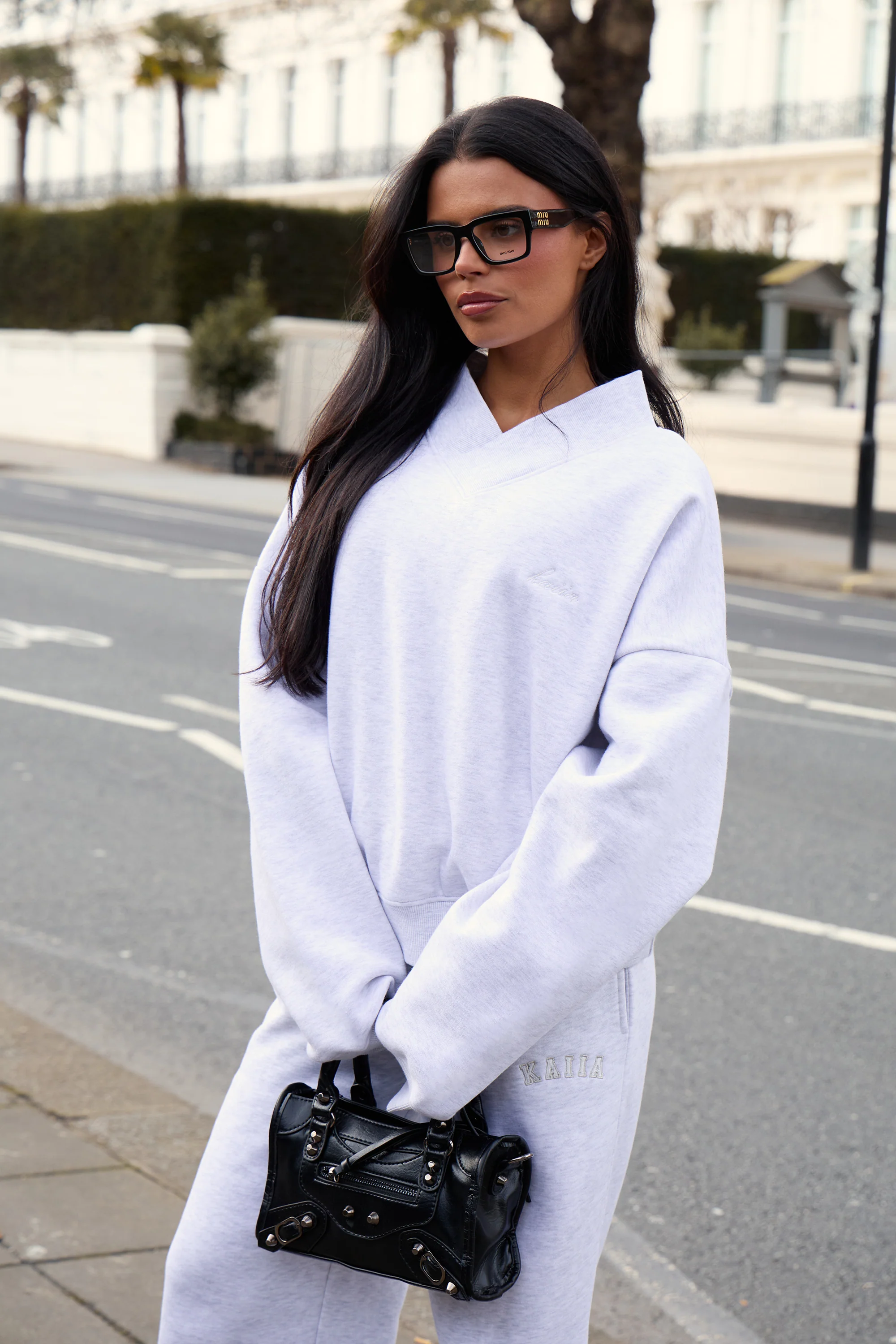 Kaiia V Neck Oversized Sweatshirt Light Grey Marl - Image 5