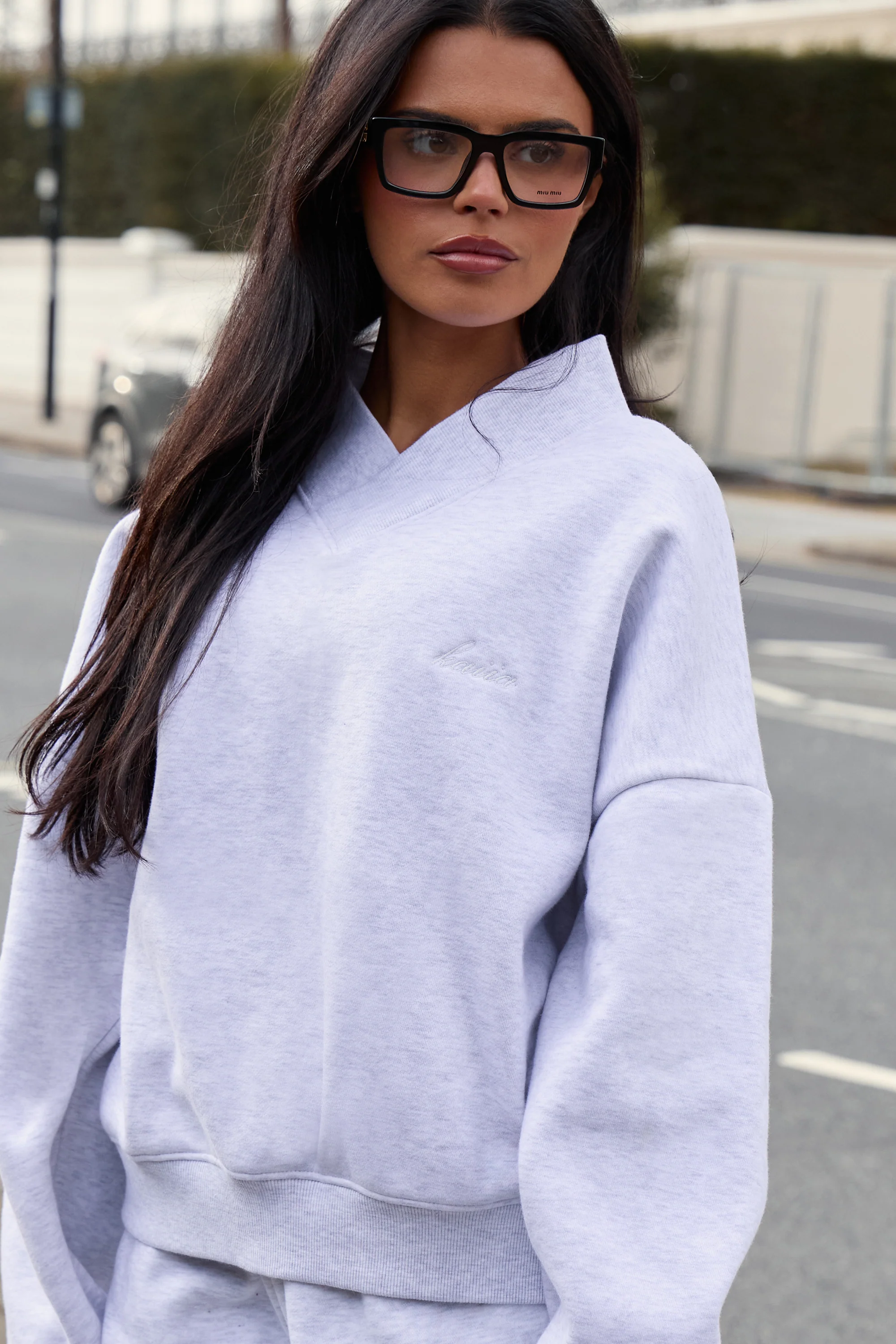Kaiia V Neck Oversized Sweatshirt Light Grey Marl - Image 6
