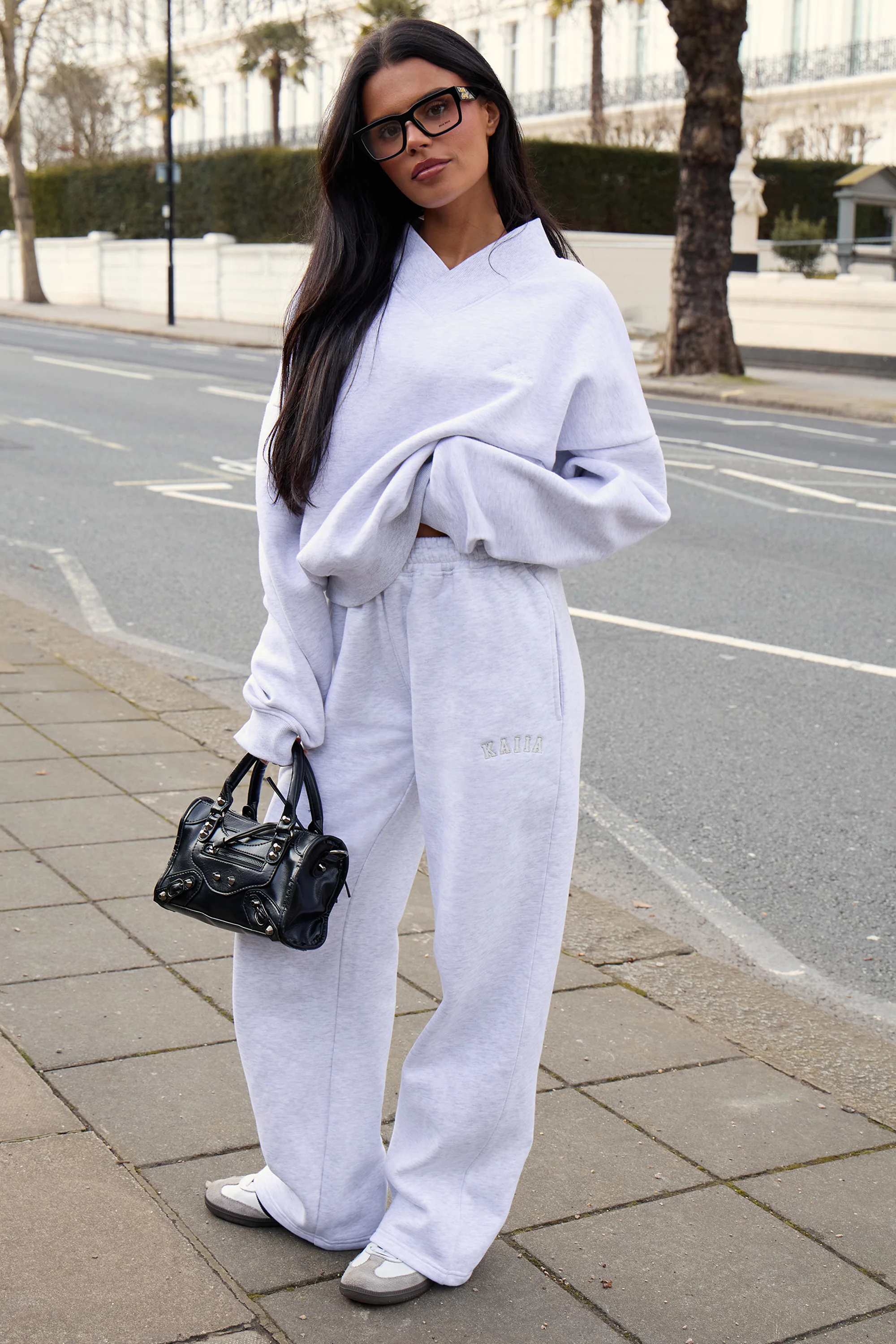 Kaiia V Neck Oversized Sweatshirt Light Grey Marl - Image 7