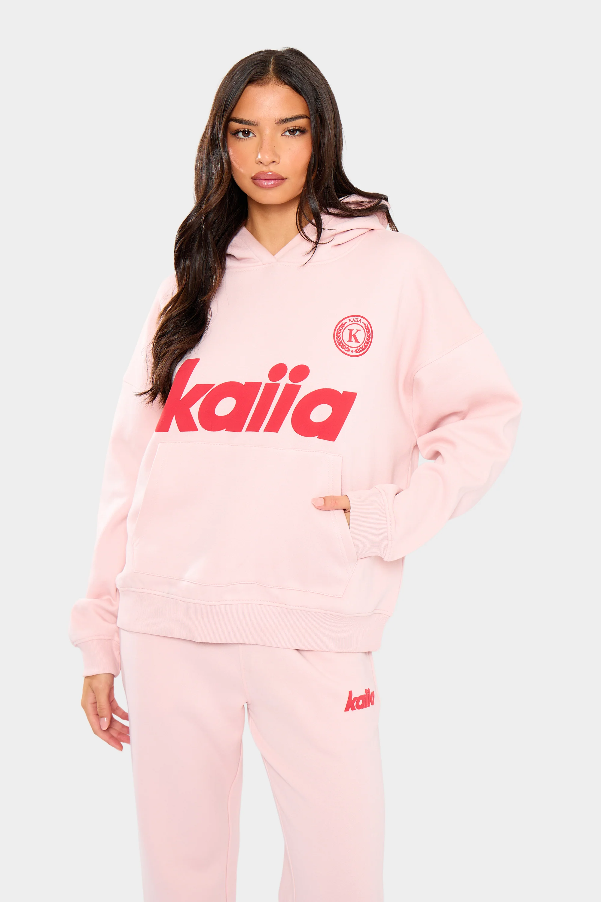 Kaiia Varsity Oversized Hoodie Baby Pink & Red - Image 2