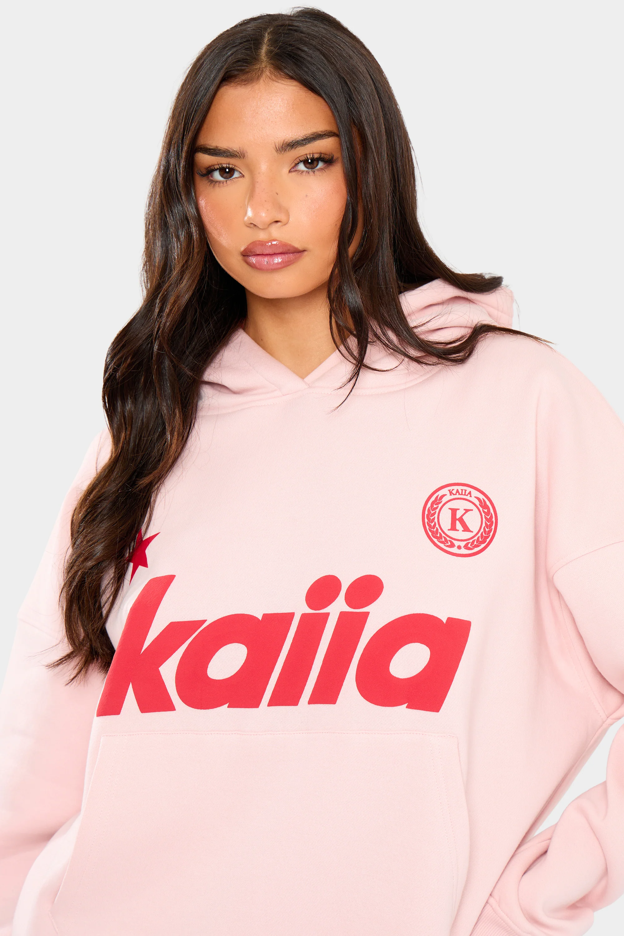 Kaiia Varsity Oversized Hoodie Baby Pink & Red - Image 3