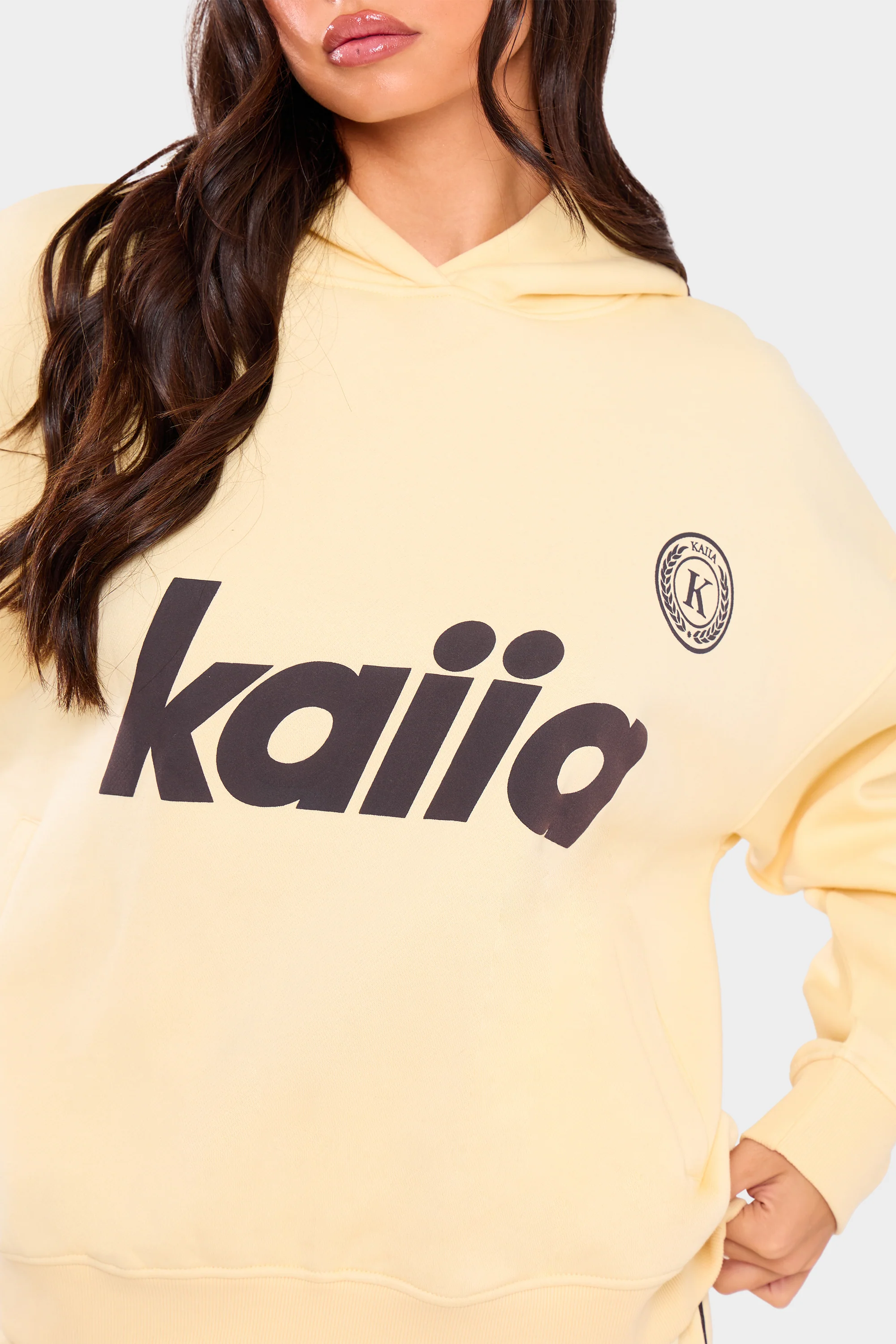 Kaiia Varsity Oversized Hoodie Lemon & Brown - Image 3