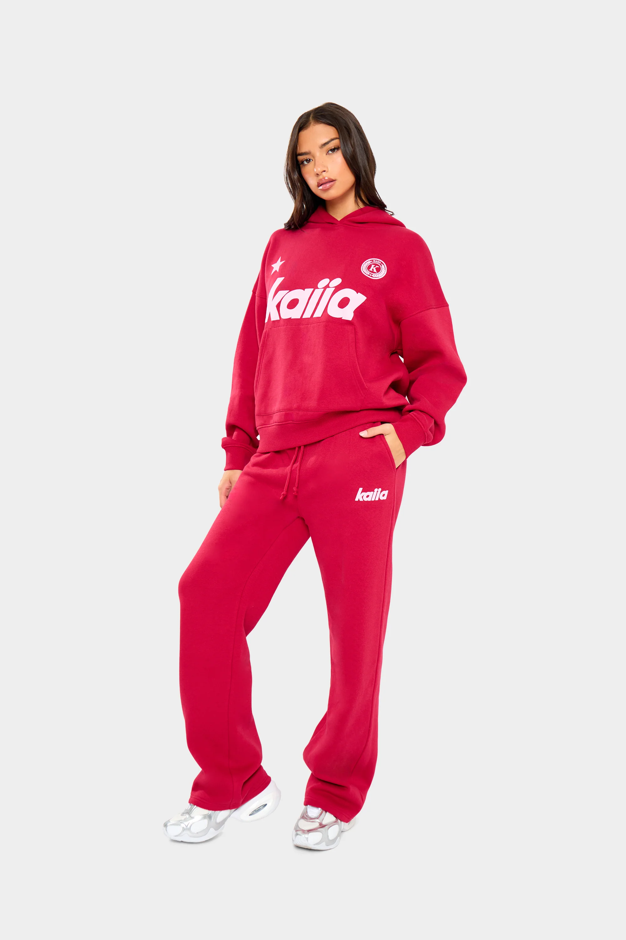 Kaiia Varsity Oversized Hoodie Red & Baby Pink - Image 3