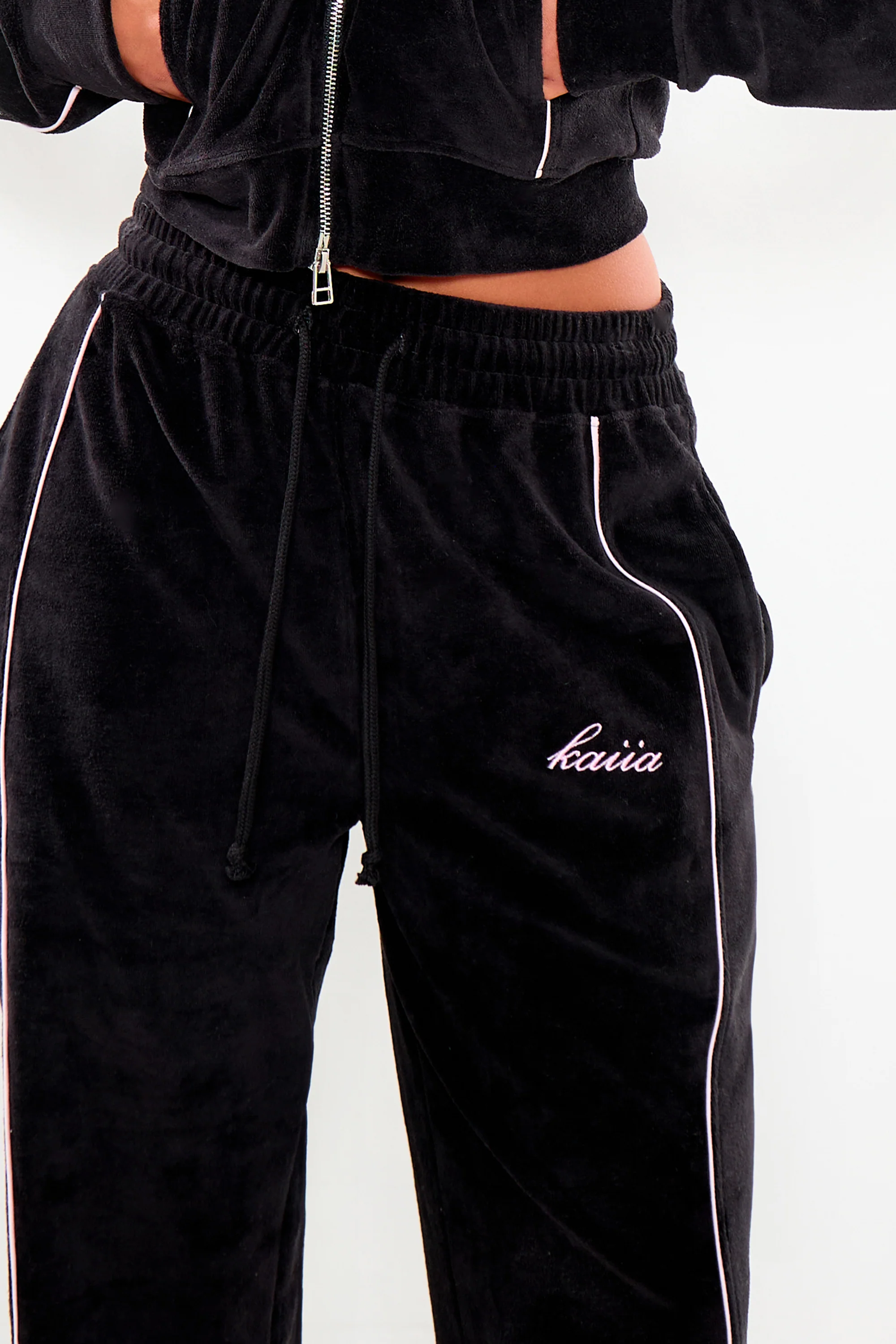 Kaiia Velour Contrast Piping Straight Leg Joggers Black & Pink - Image 2