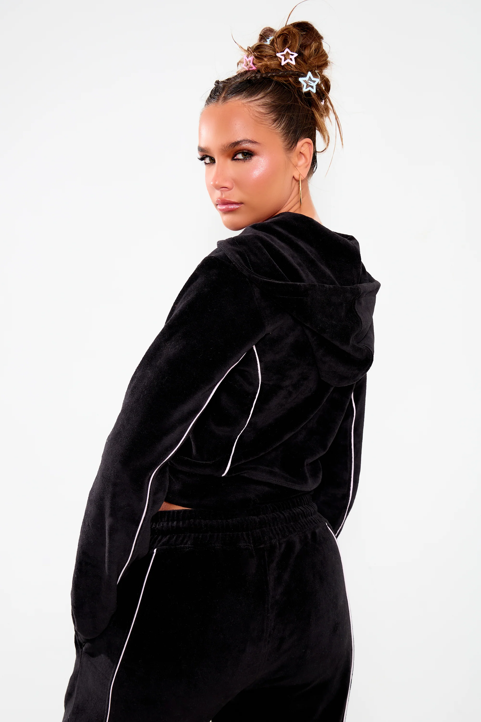 Kaiia Velour Contrast Piping Zip Through Hoodie Black & Pink - Image 4