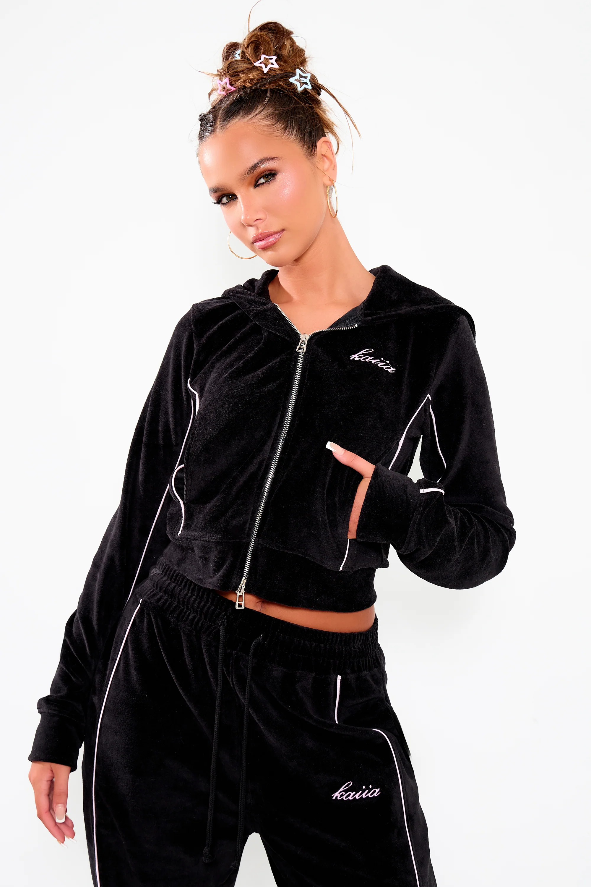 Kaiia Velour Contrast Piping Zip Through Hoodie Black & Pink - Image 5