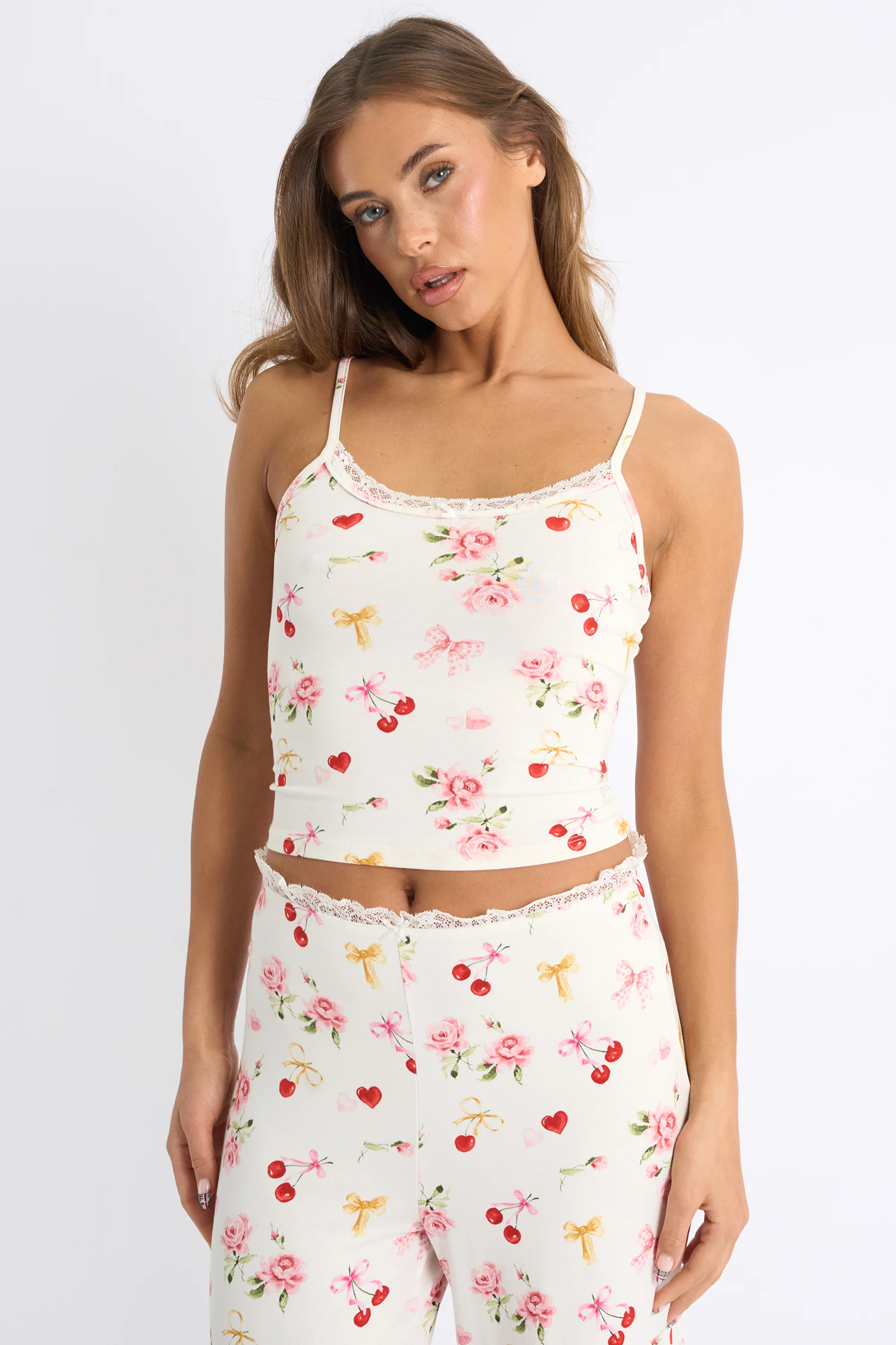 Kaiia Cherry Rose Print Cami Top & Trousers PJ Set Cream - Image 2