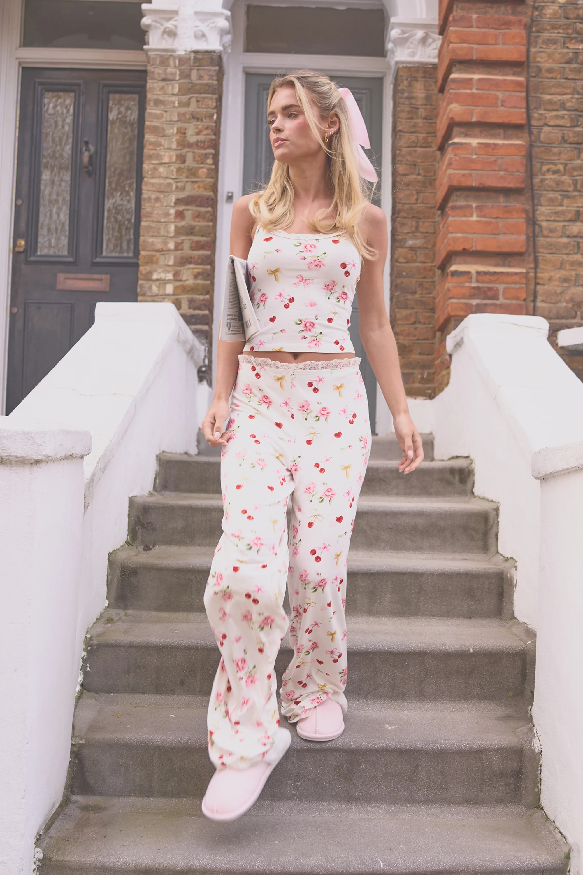 Kaiia Cherry Rose Print Cami Top & Trousers PJ Set Cream - Image 5