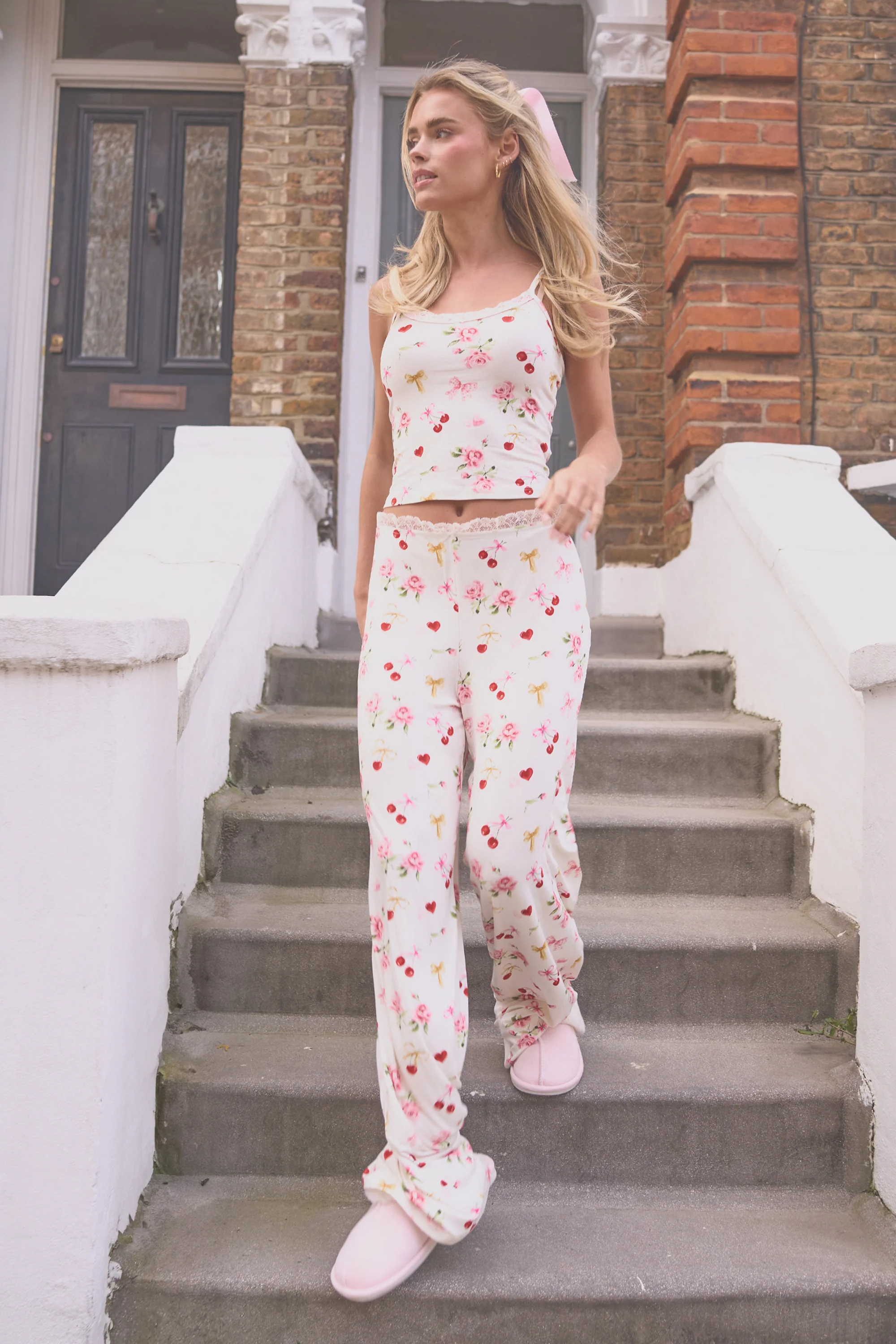 Kaiia Cherry Rose Print Cami Top & Trousers PJ Set Cream - Image 8