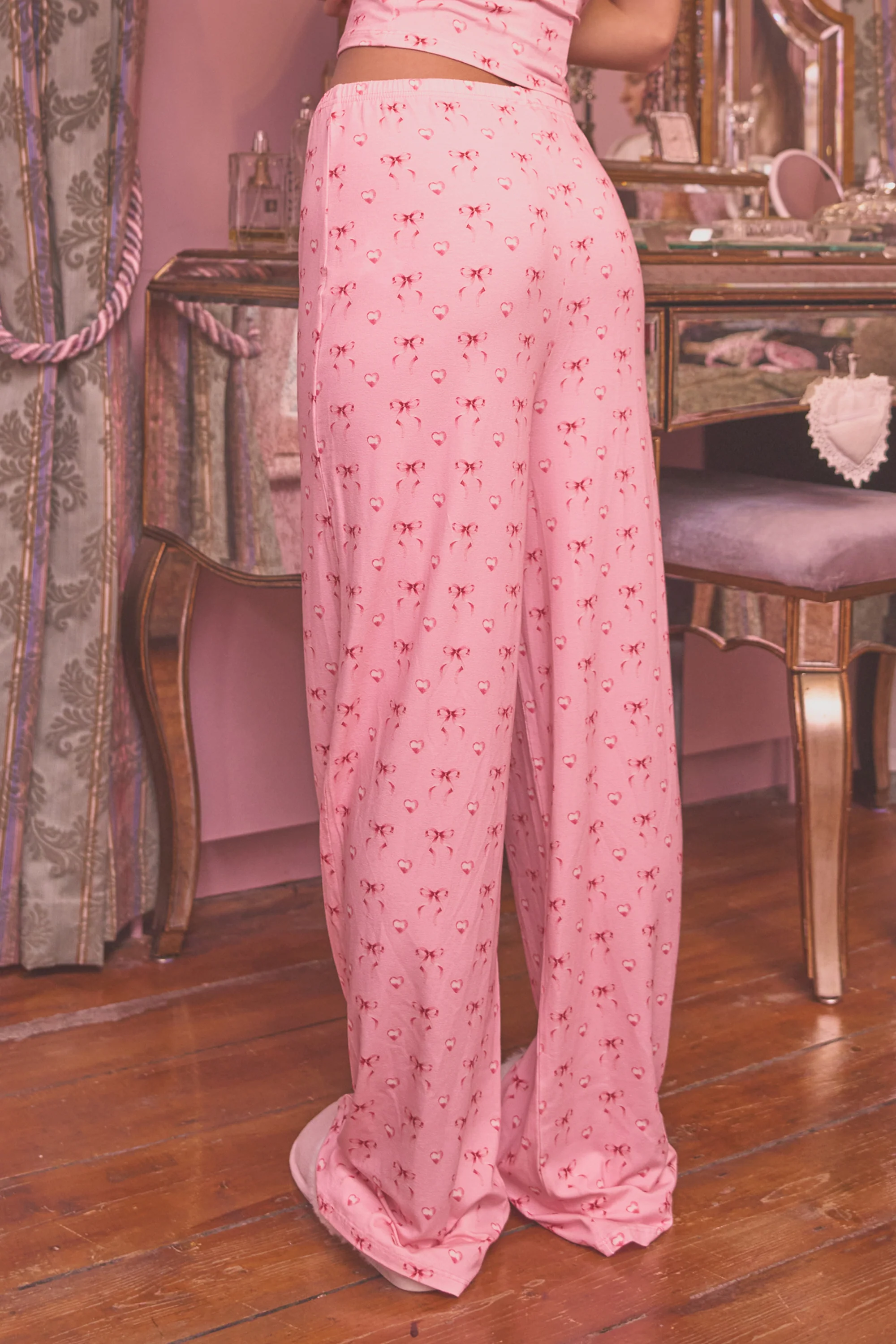 Kaiia Bow Print Cami Top & Trousers PJ Set Pink - Image 8