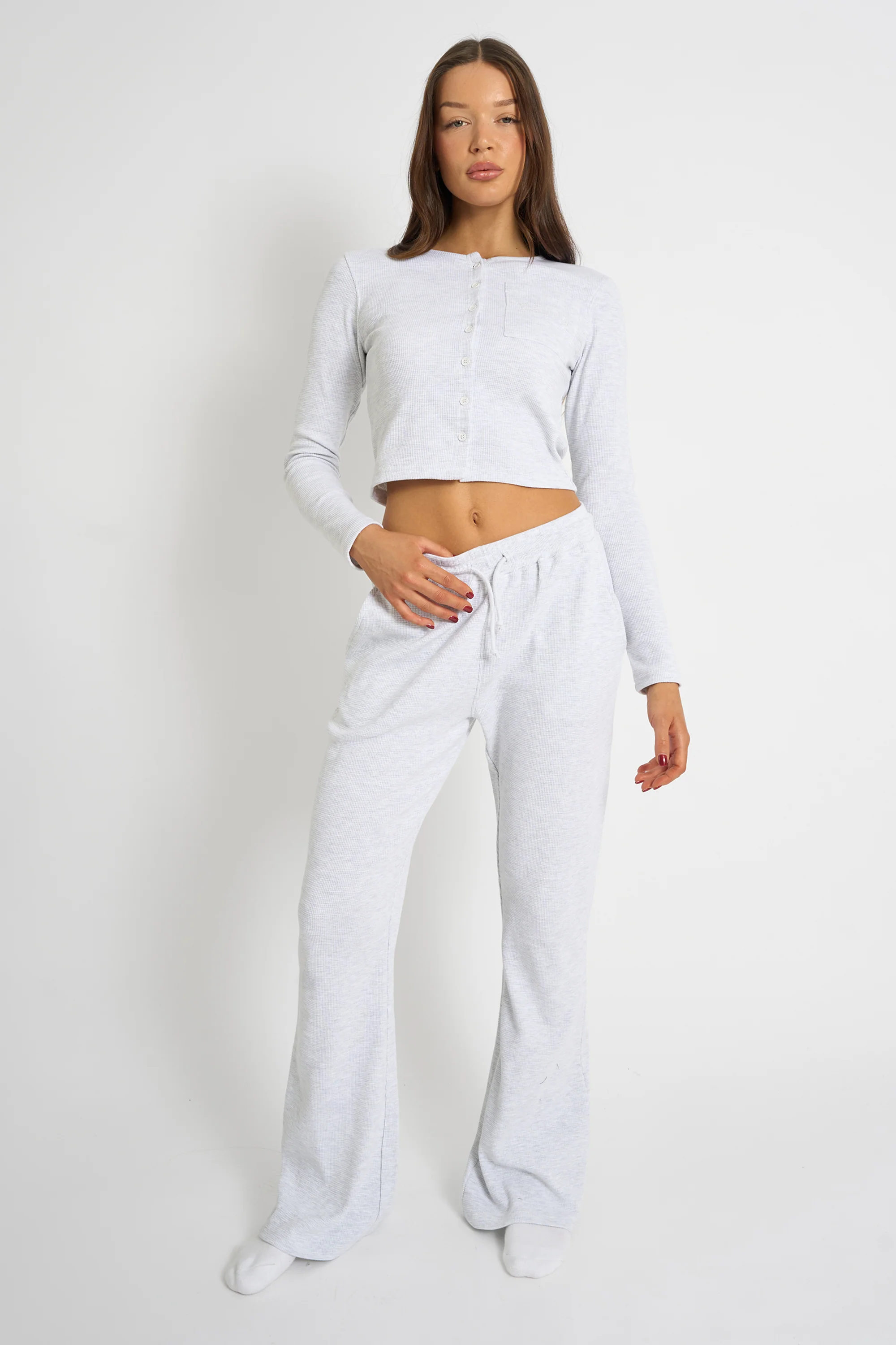 Kaiia Waffle Button Up Long Sleeve Top Grey Melange - Image 3