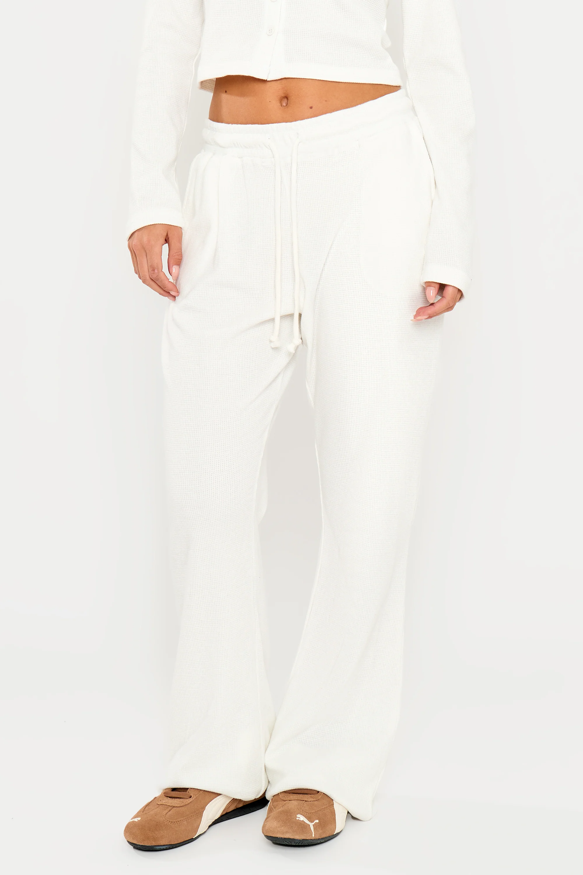 Kaiia Waffle Wide Leg Joggers Cream - Image 3