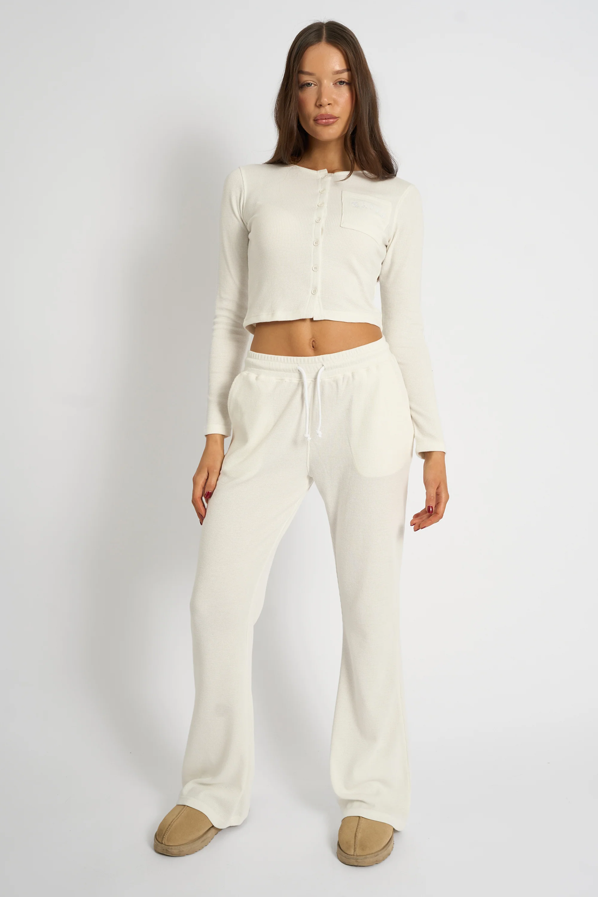 Kaiia Waffle Wide Leg Joggers Cream - Image 5