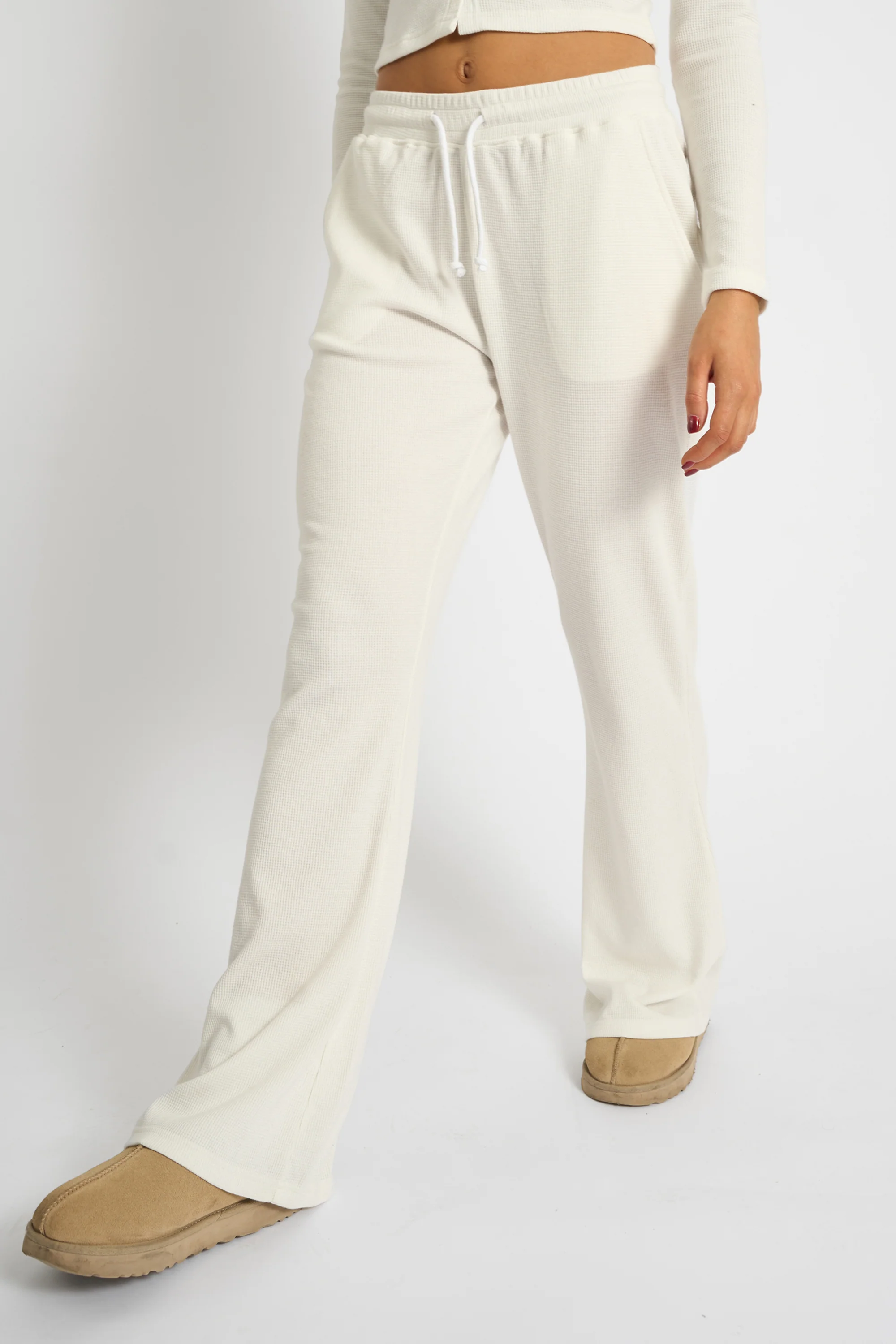 Kaiia Waffle Wide Leg Joggers Cream - Image 6