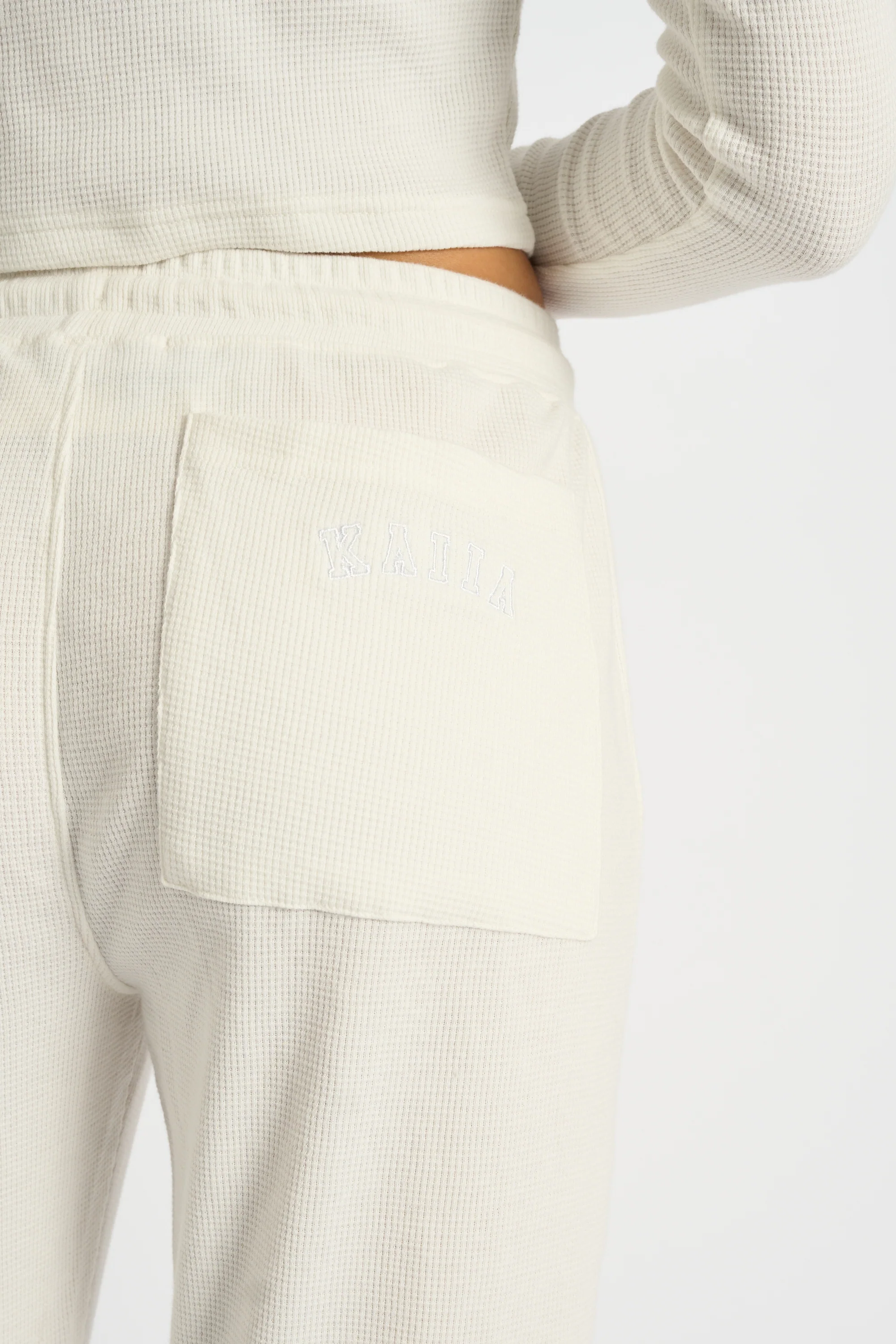 Kaiia Waffle Wide Leg Joggers Cream - Image 8